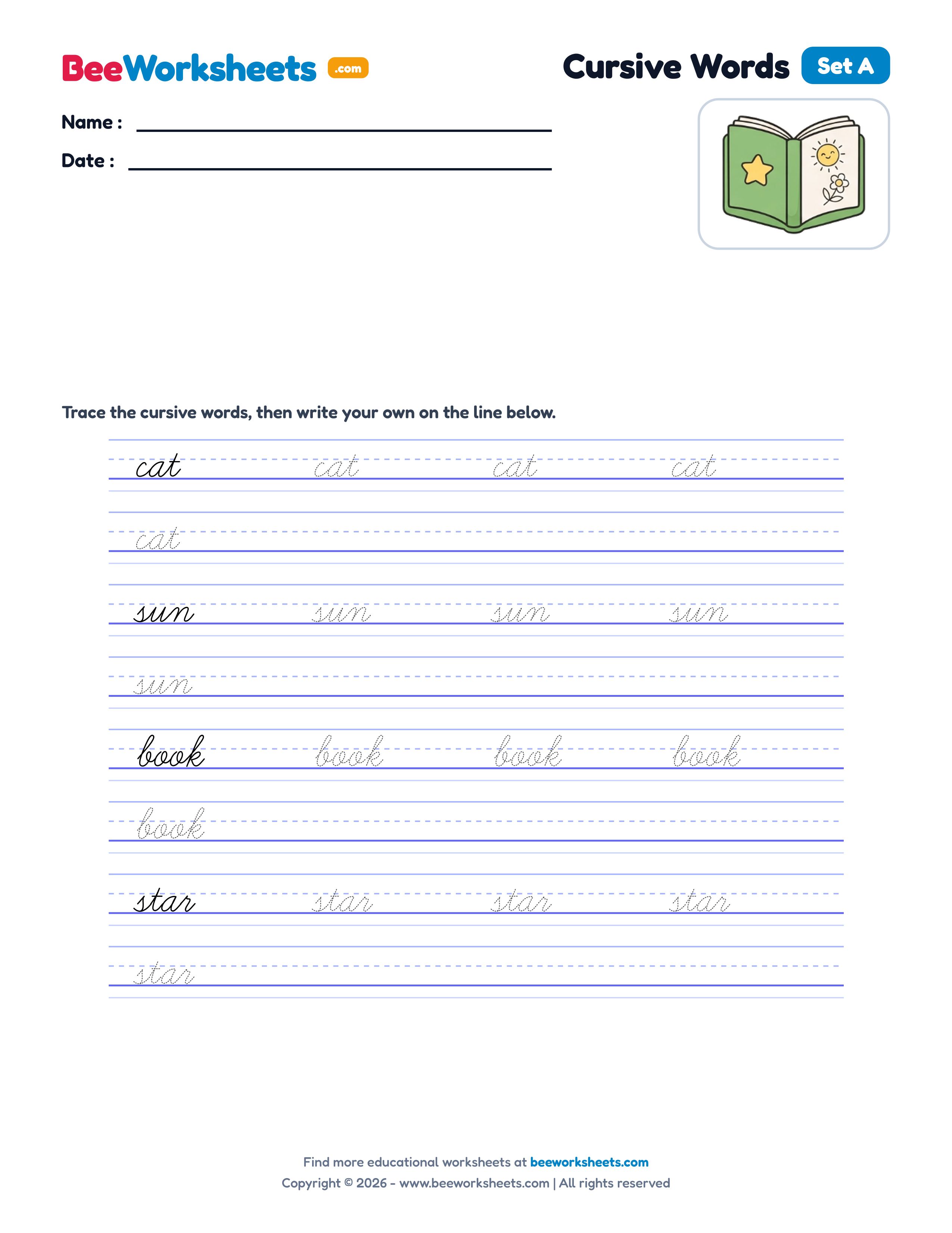 Cursive Words Practice (Set A) Handwriting Worksheet Preview