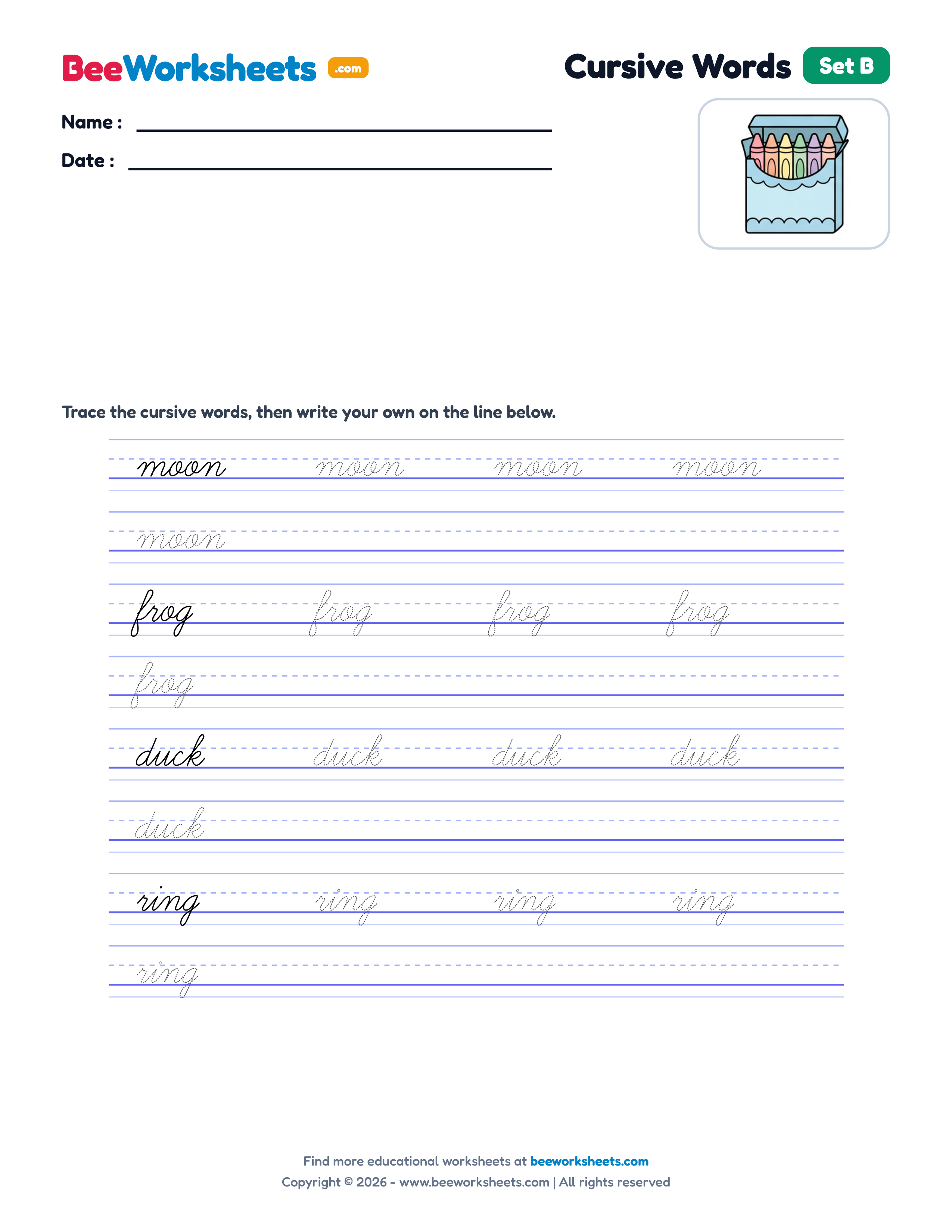 Cursive Words Practice (Set B) Handwriting Worksheet Preview