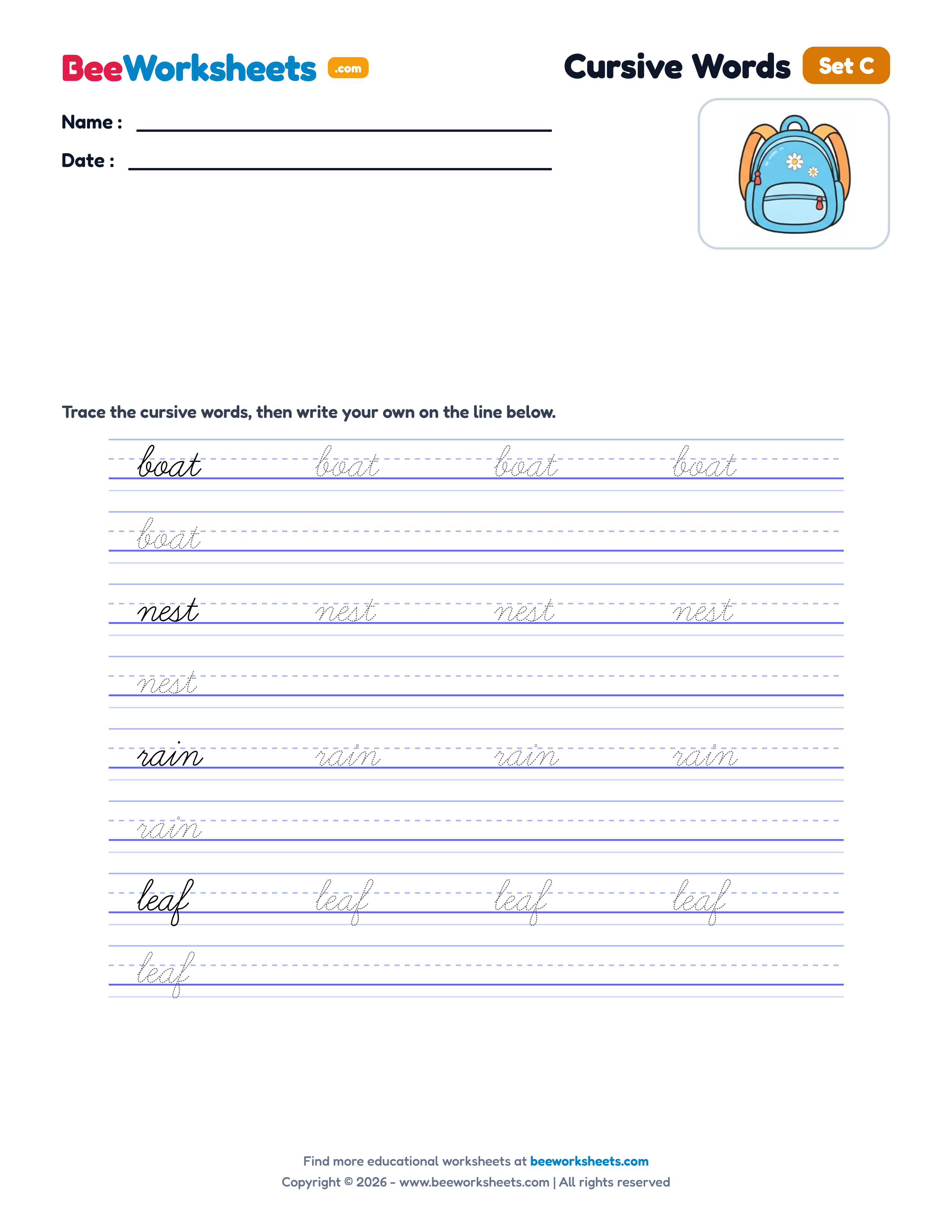 Cursive Words Practice (Set C) Handwriting Worksheet Preview