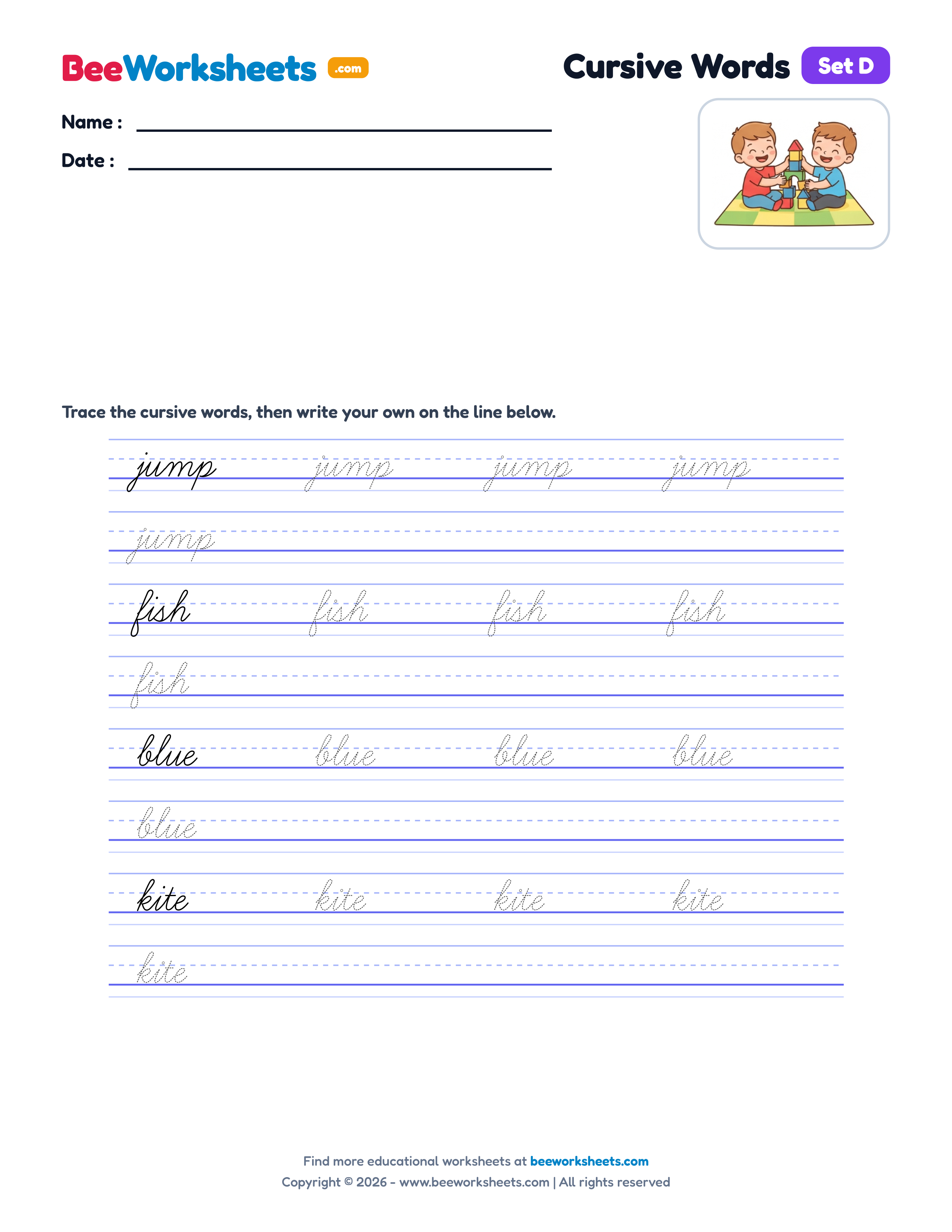 Cursive Words Practice (Set D) Handwriting Worksheet Preview