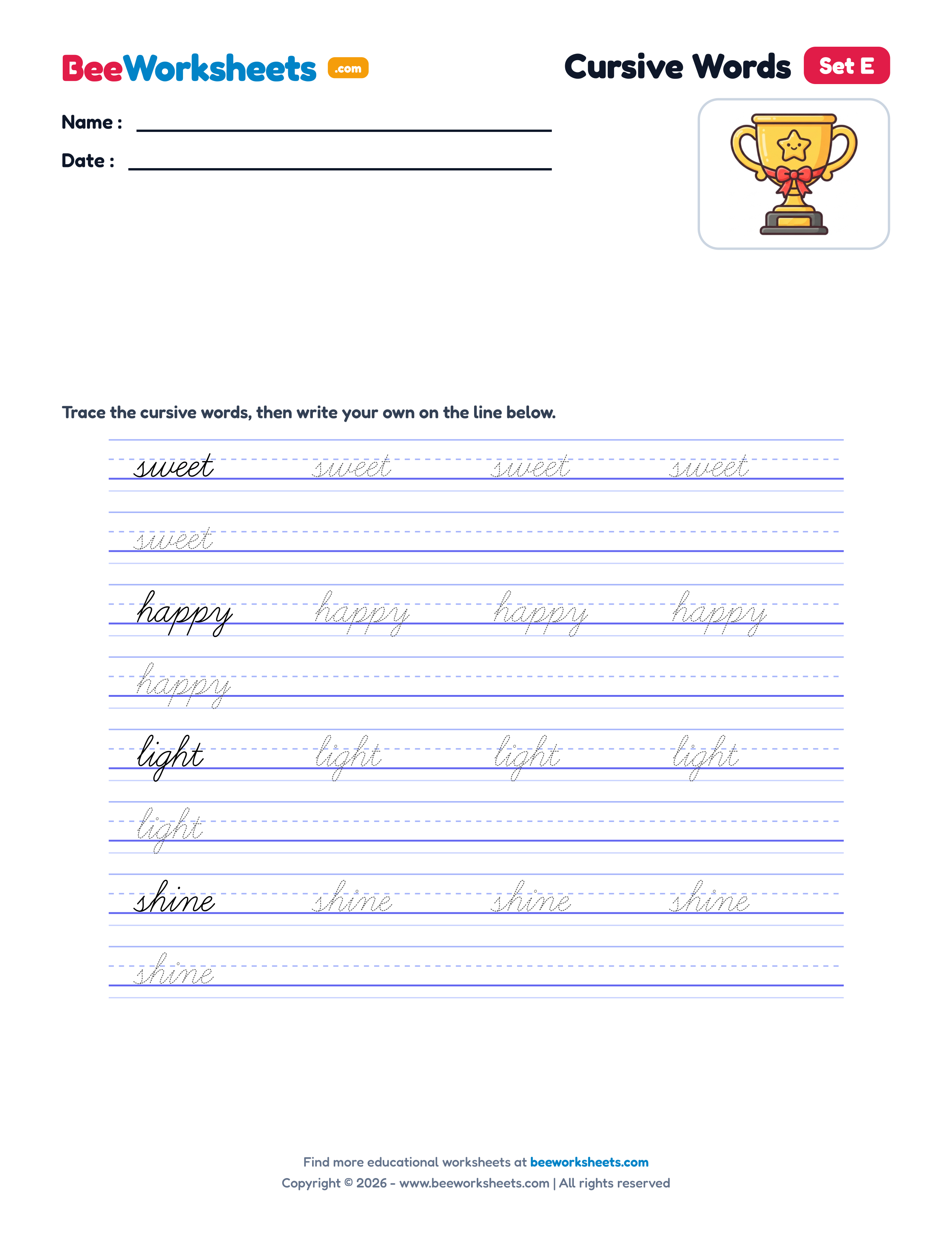 Cursive Words Practice (Set E) Handwriting Worksheet Preview