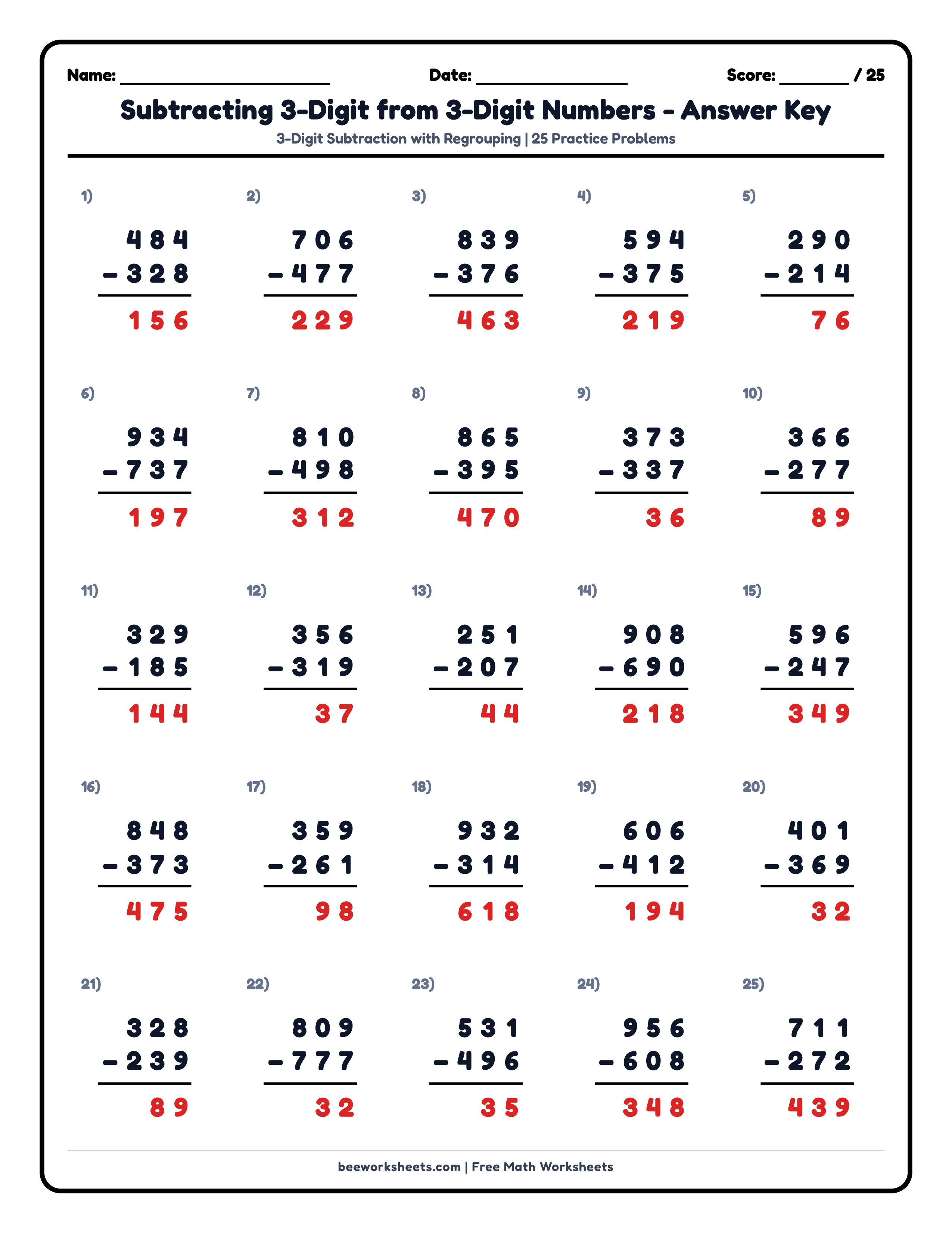 Teacher answer key and solutions preview for 3-Digit Subtraction with Regrouping Math Worksheet printable PDF