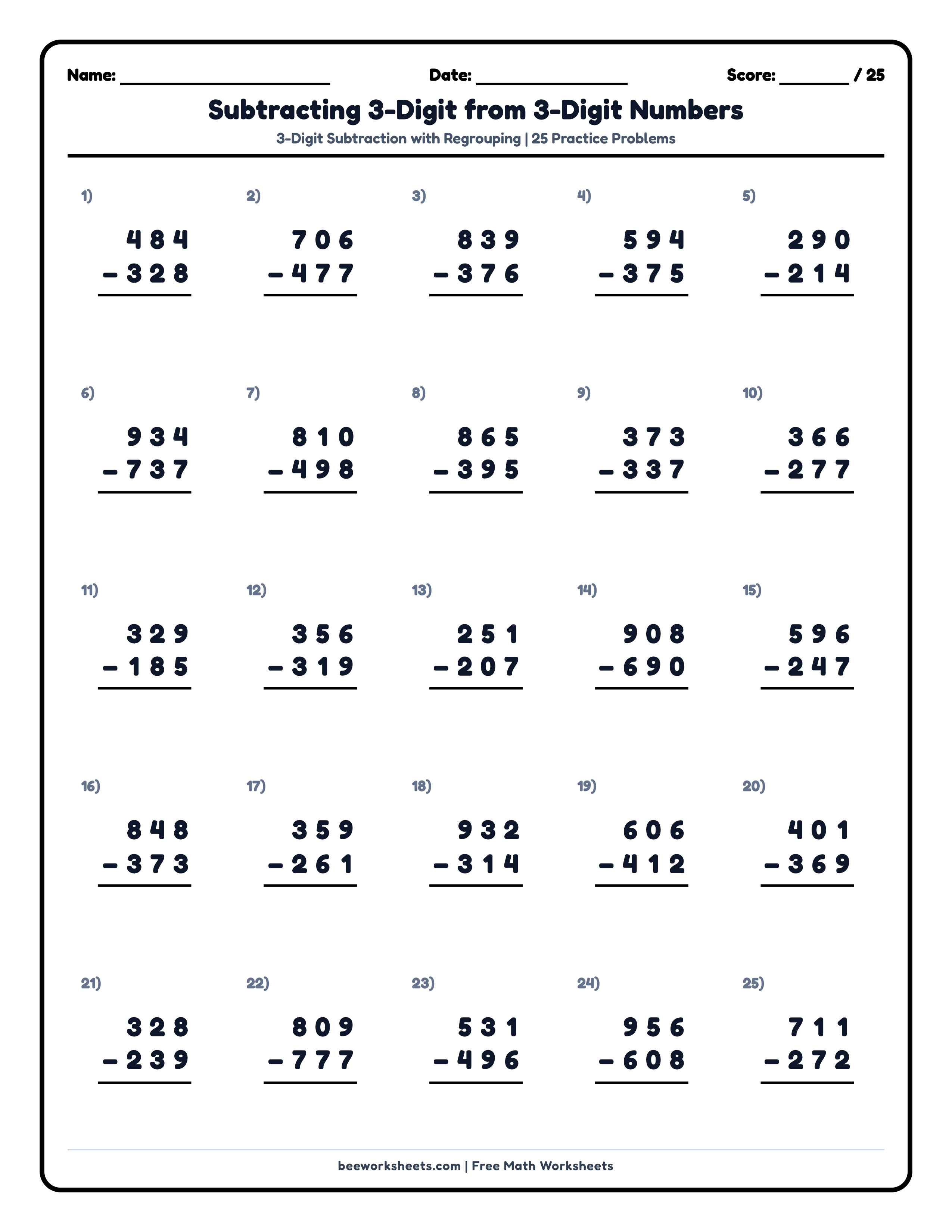 3-Digit Subtraction with Regrouping Math Worksheet Preview