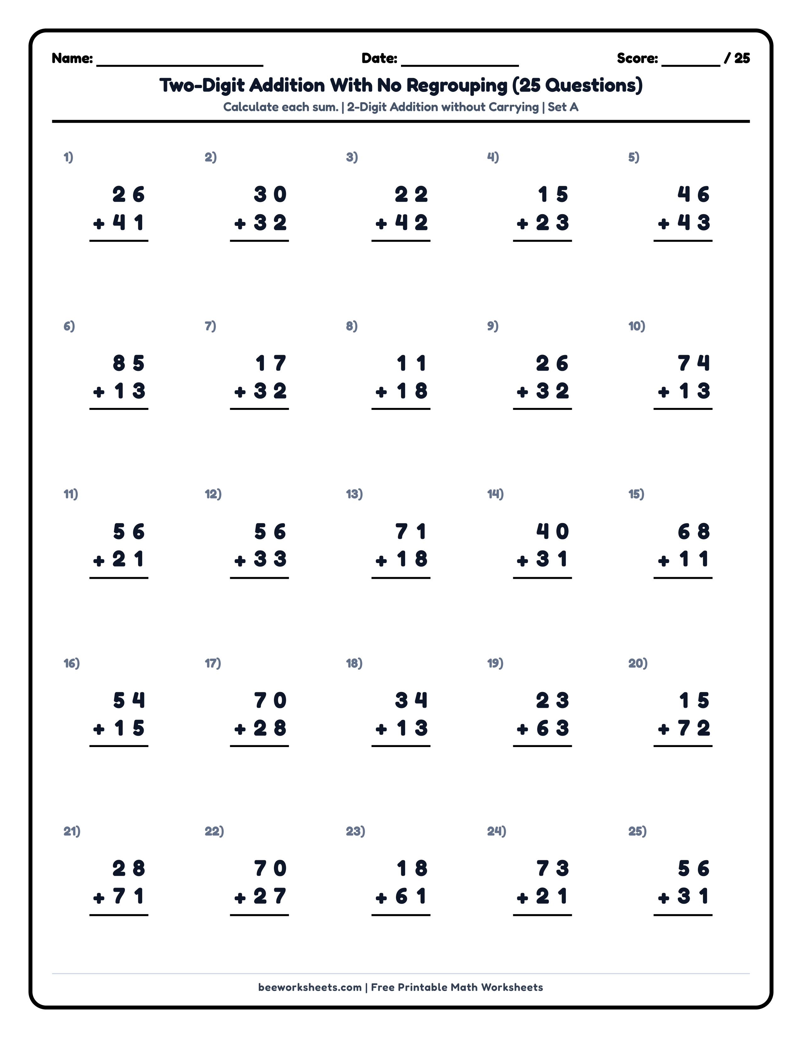 2-Digit Addition without Regrouping (Set A) Math Worksheet Preview