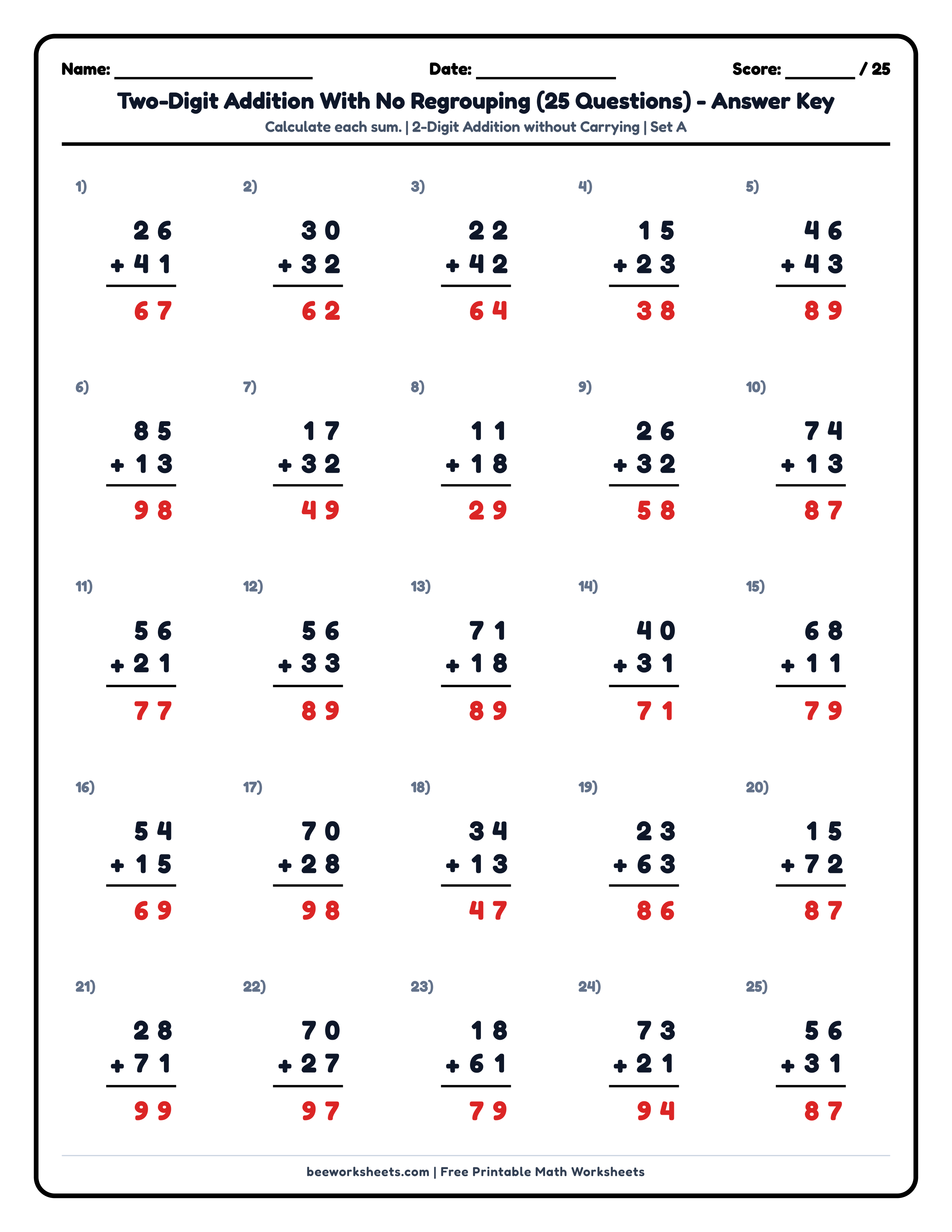 Teacher answer key and solutions preview for 2-Digit Addition without Regrouping (Set A) Math Worksheet printable PDF