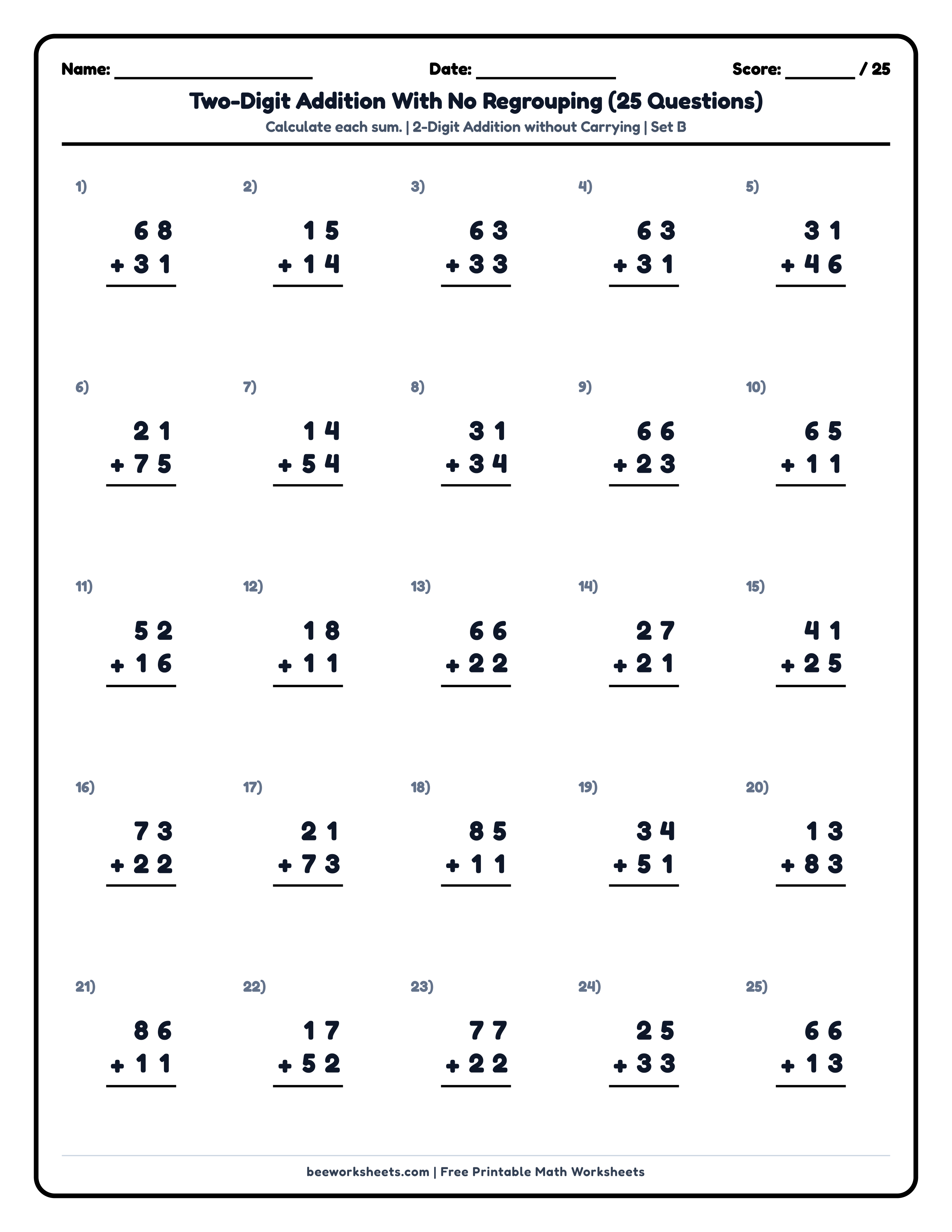 2-Digit Addition without Regrouping (Set B) Math Worksheet Preview