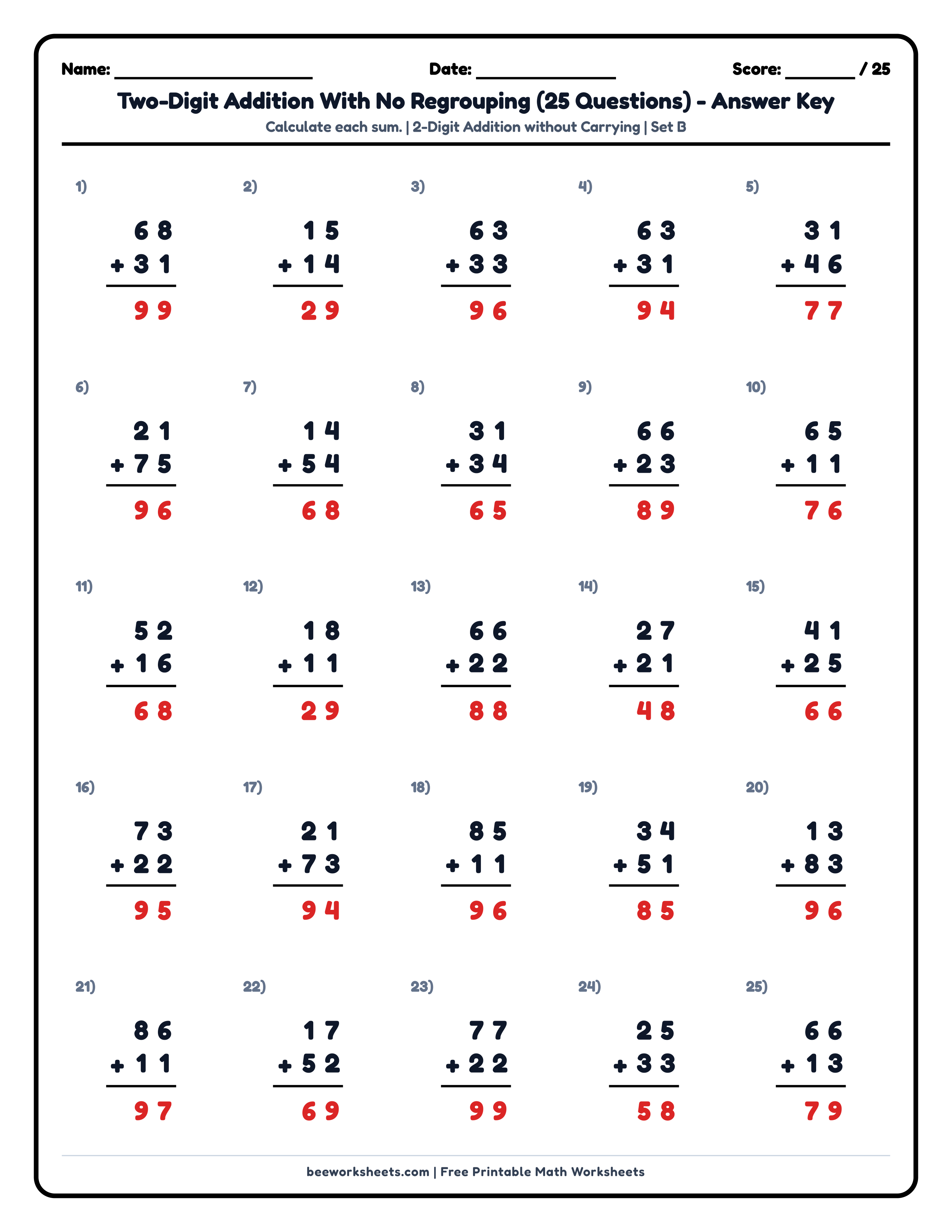 Teacher answer key and solutions preview for 2-Digit Addition without Regrouping (Set B) Math Worksheet printable PDF
