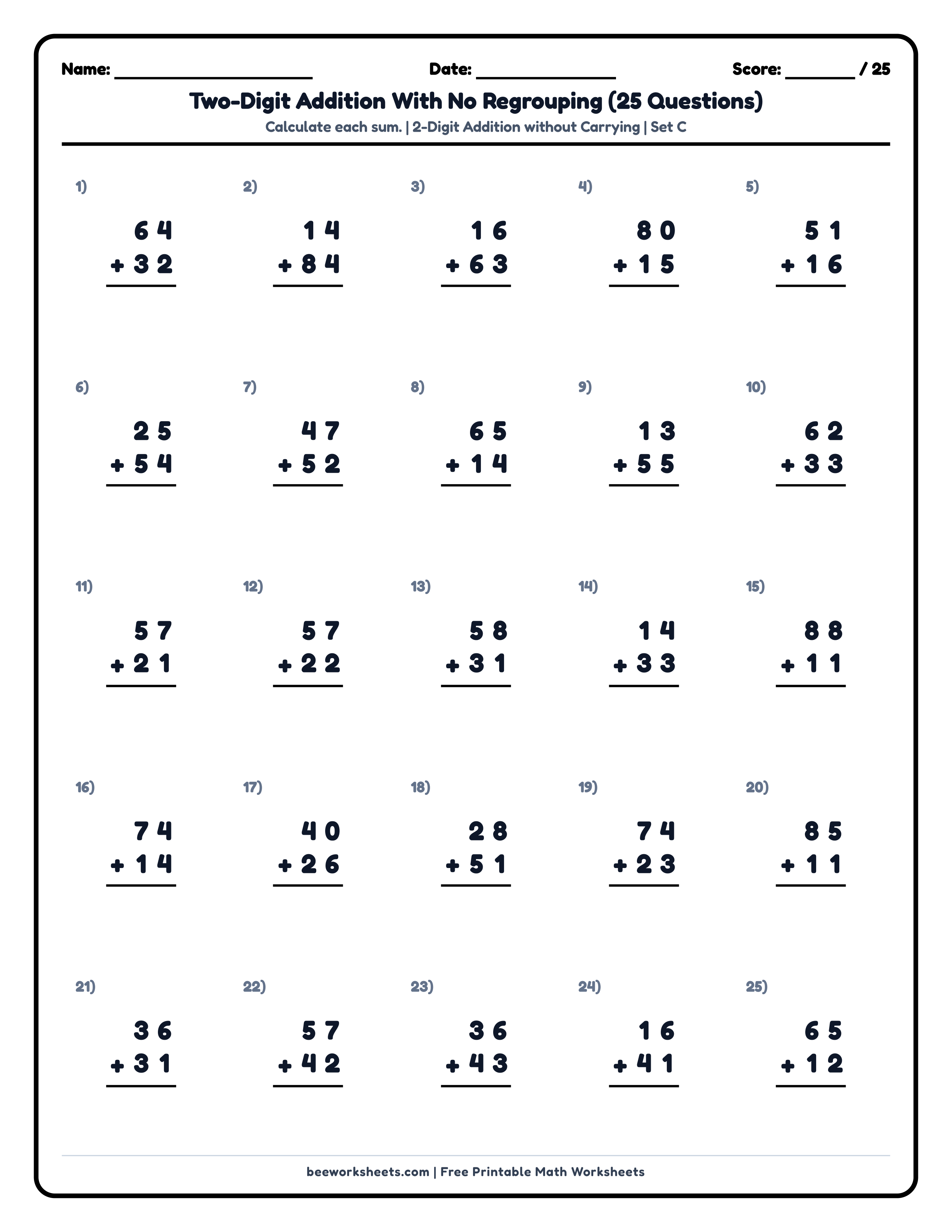 2-Digit Addition without Regrouping (Set C) Math Worksheet Preview