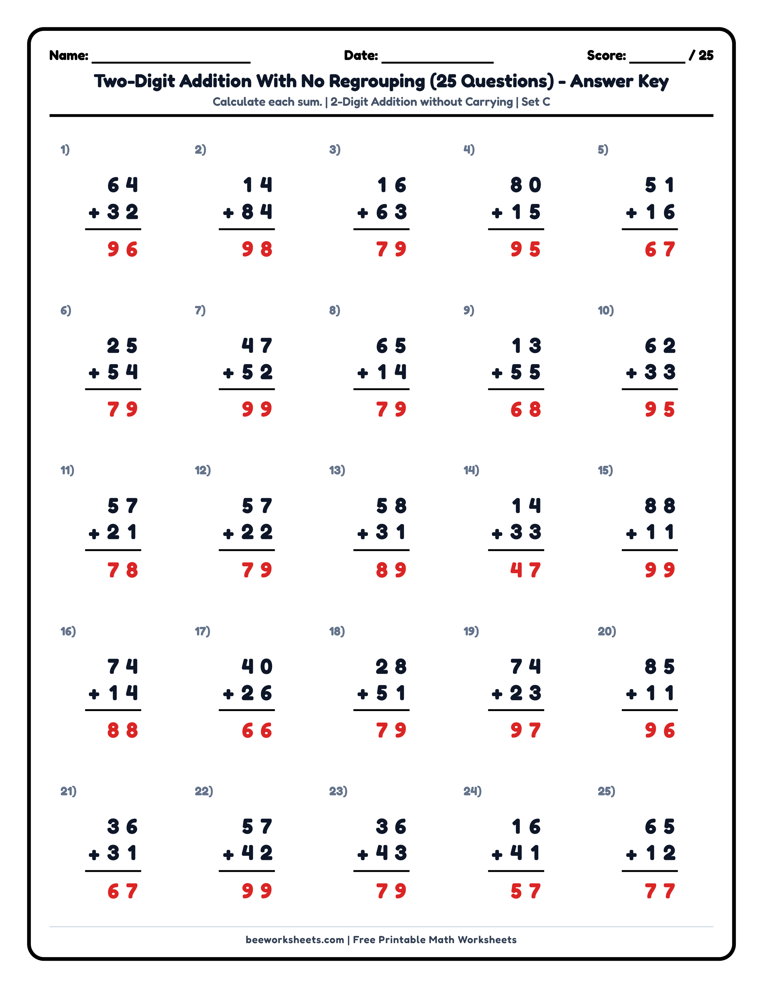 Teacher answer key and solutions preview for 2-Digit Addition without Regrouping (Set C) Math Worksheet printable PDF