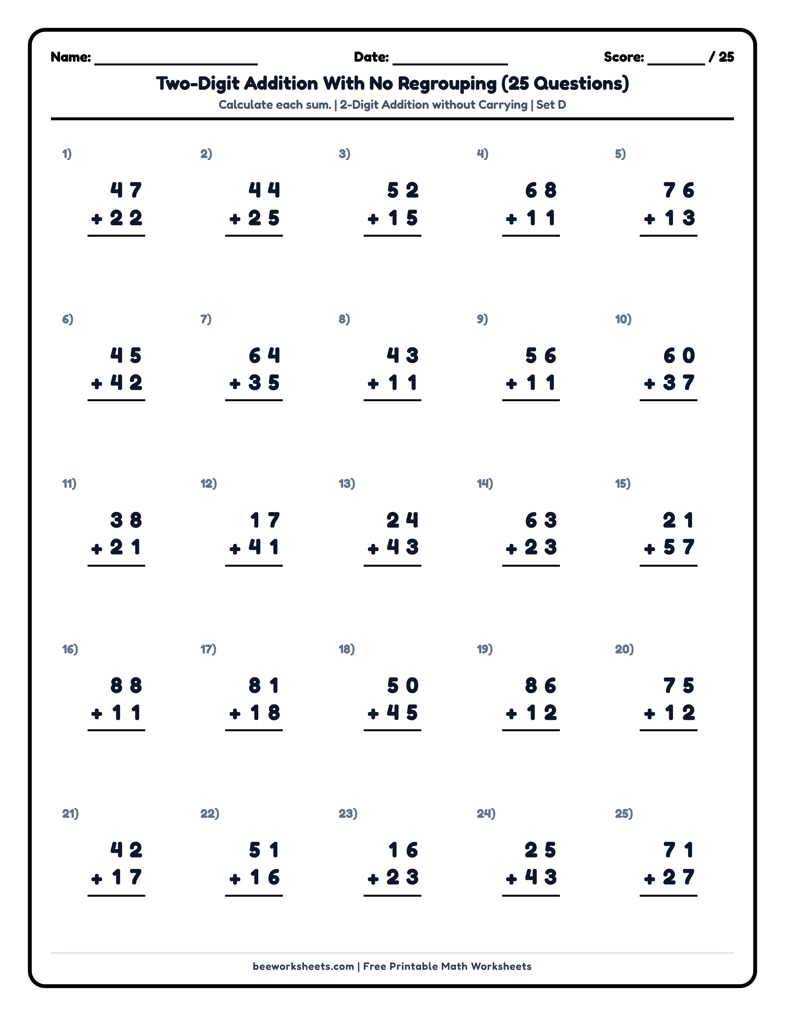 2-Digit Addition without Regrouping (Set D) Math Worksheet Preview