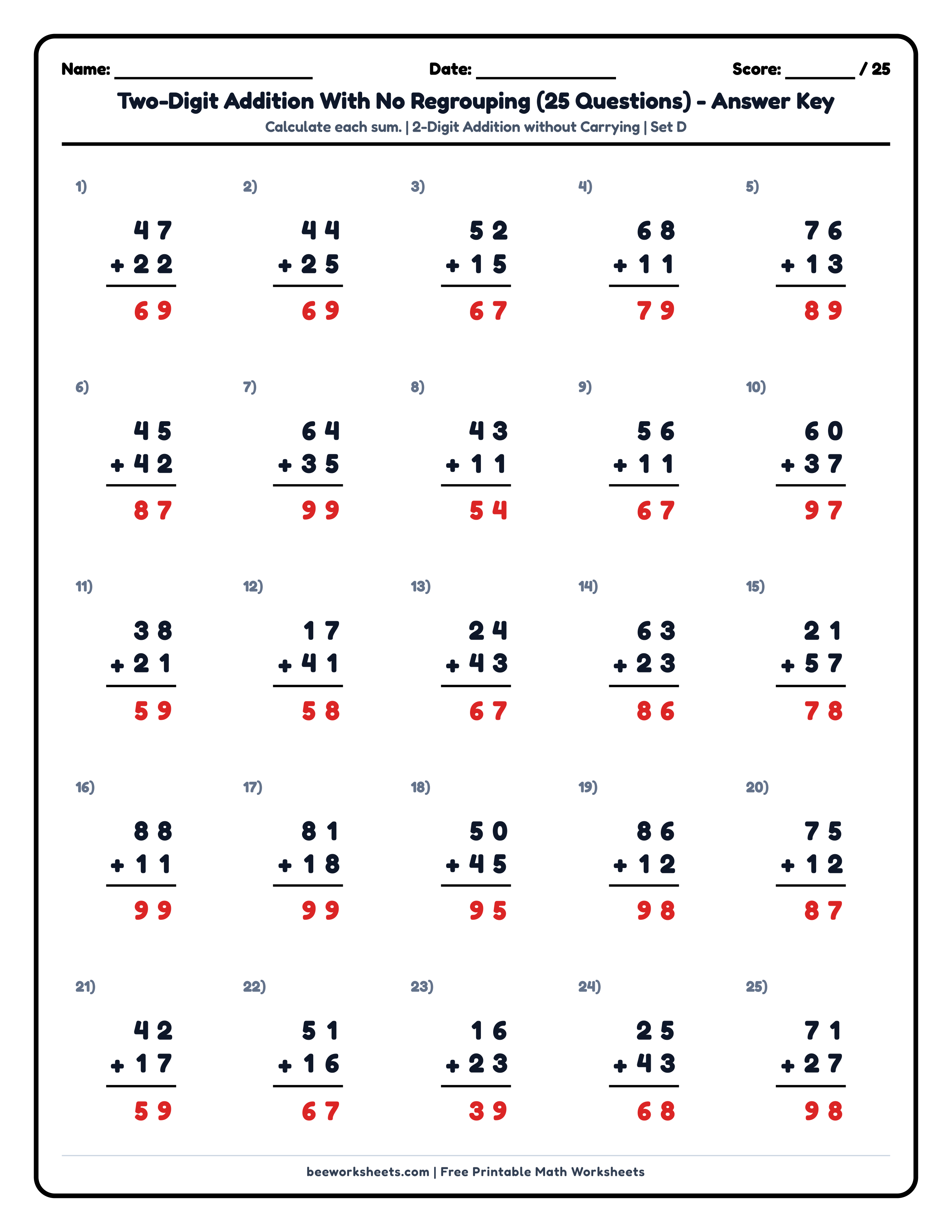 Teacher answer key and solutions preview for 2-Digit Addition without Regrouping (Set D) Math Worksheet printable PDF