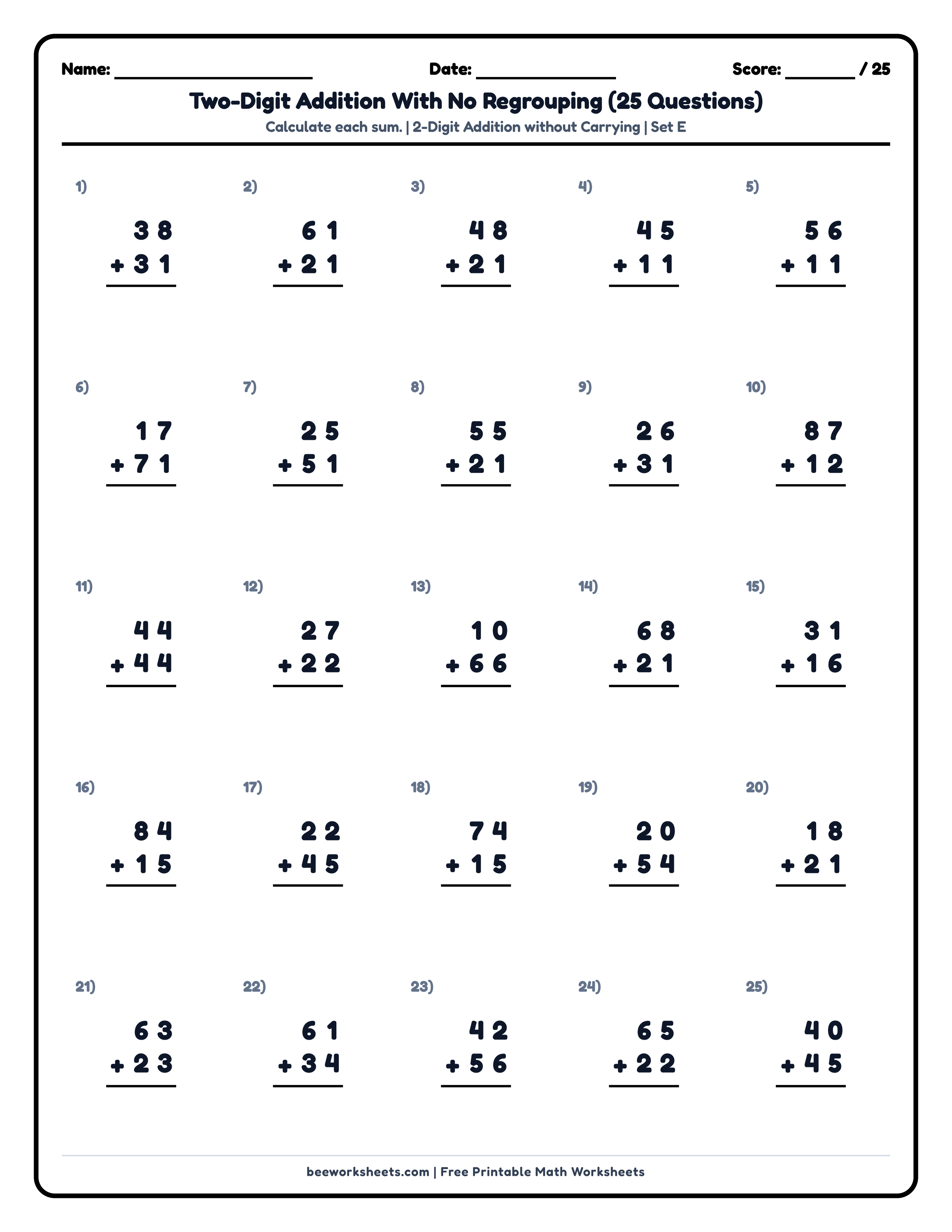2-Digit Addition without Regrouping (Set E) Math Worksheet Preview