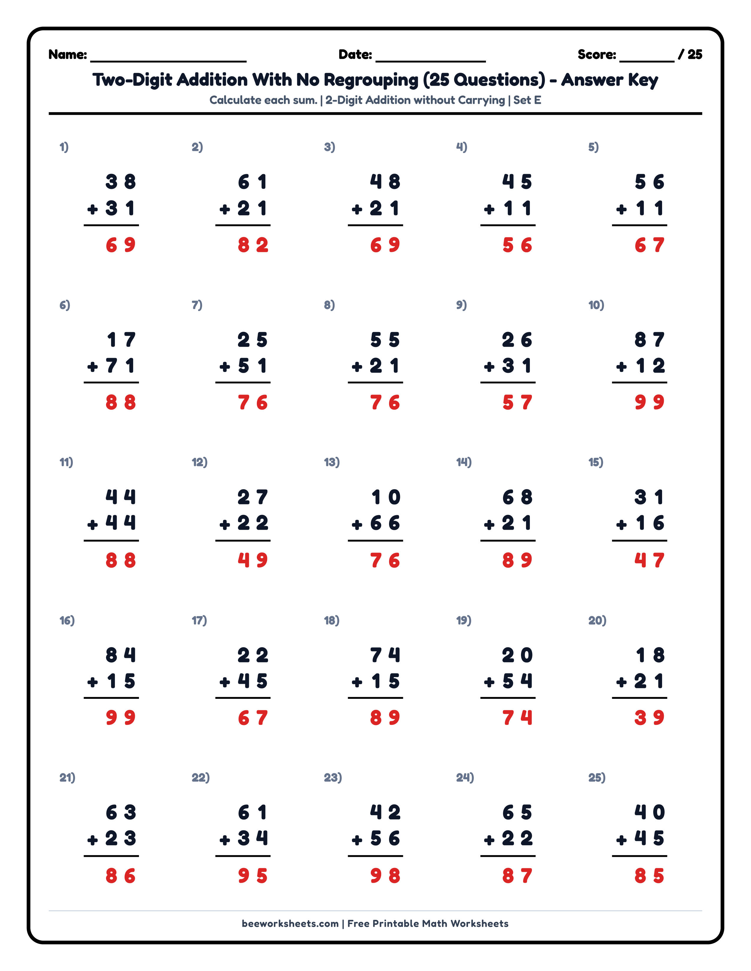 Teacher answer key and solutions preview for 2-Digit Addition without Regrouping (Set E) Math Worksheet printable PDF
