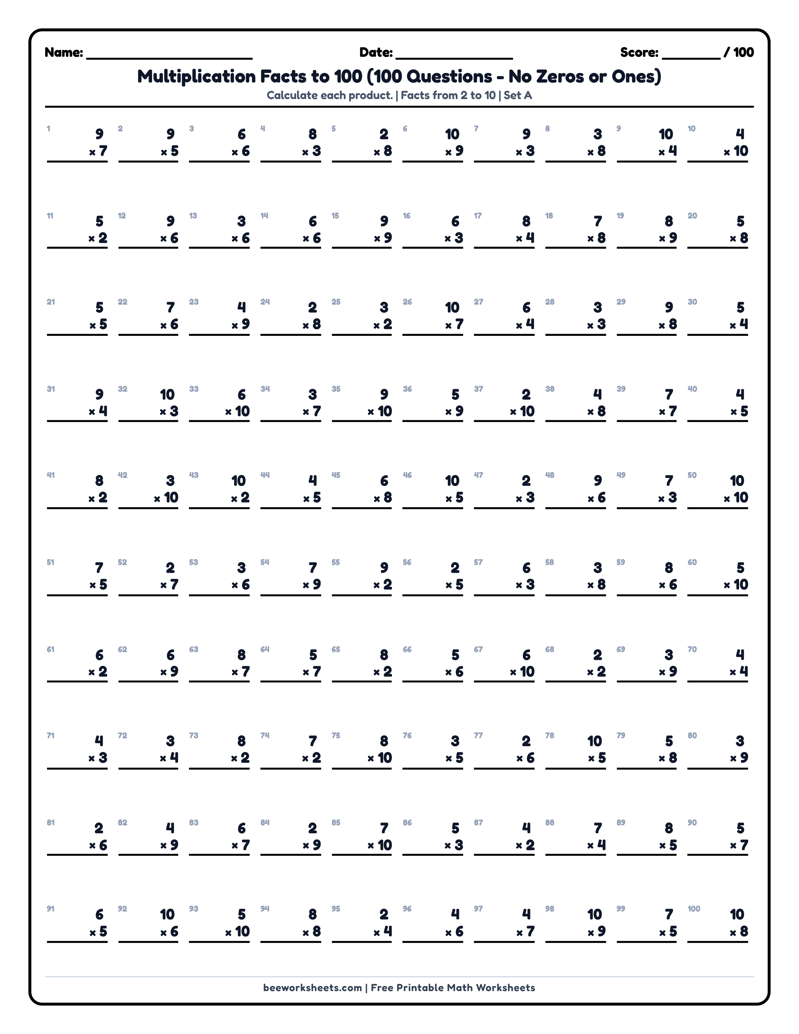 Multiplication Facts to 100 (Set A) Math Worksheet Preview