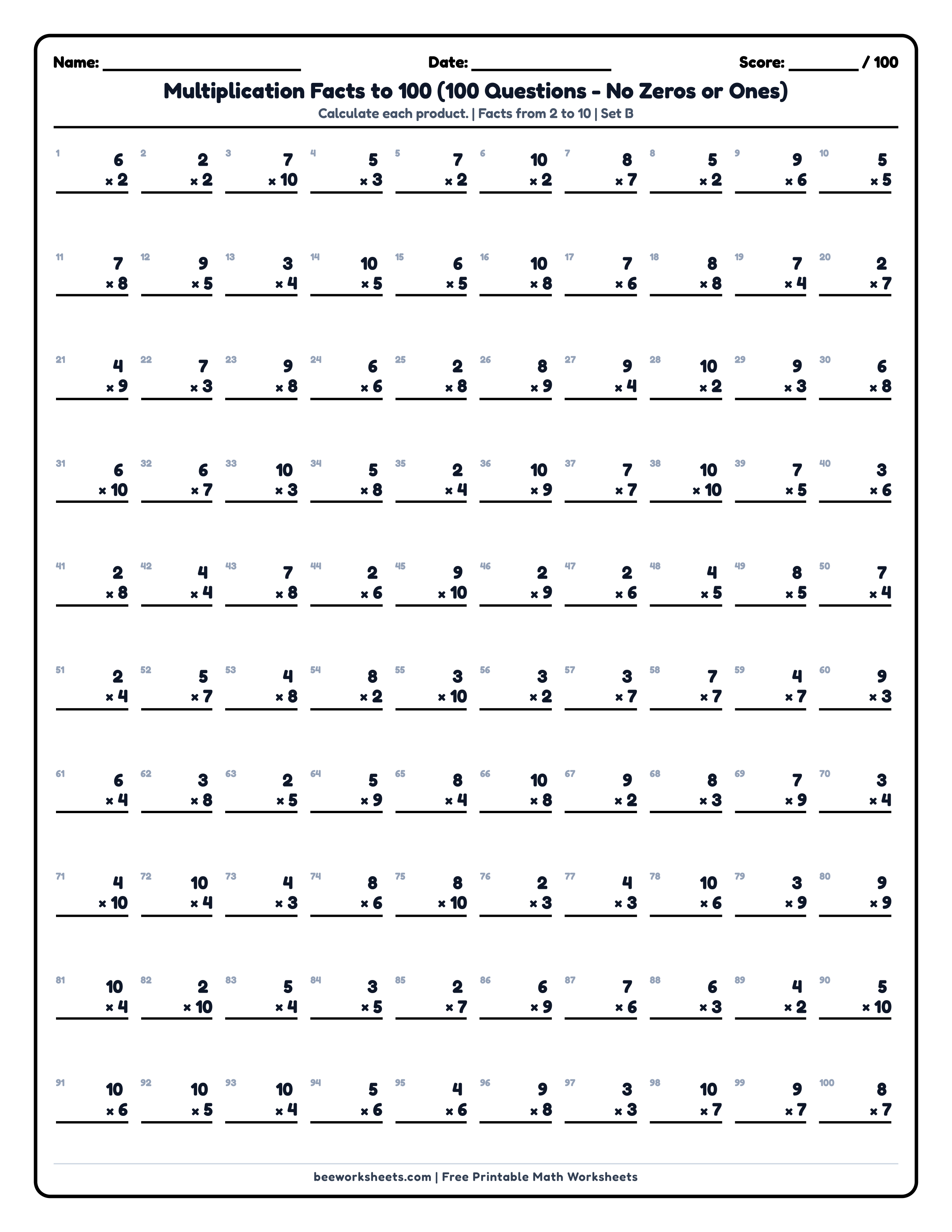 Multiplication Facts to 100 (Set B) Math Worksheet Preview