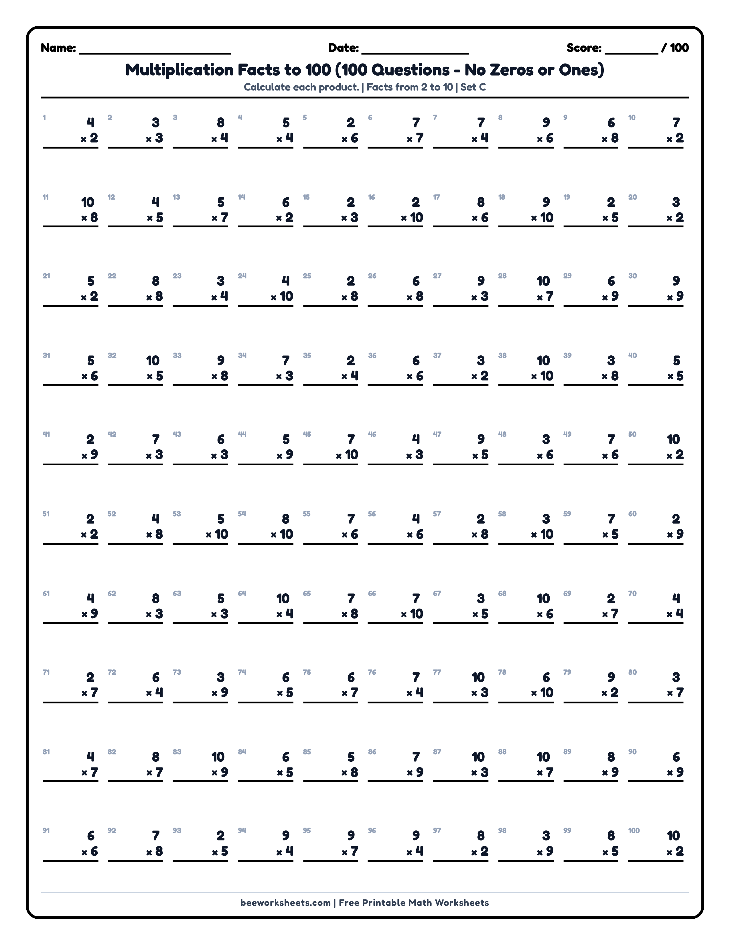 Multiplication Facts to 100 (Set C) Math Worksheet Preview