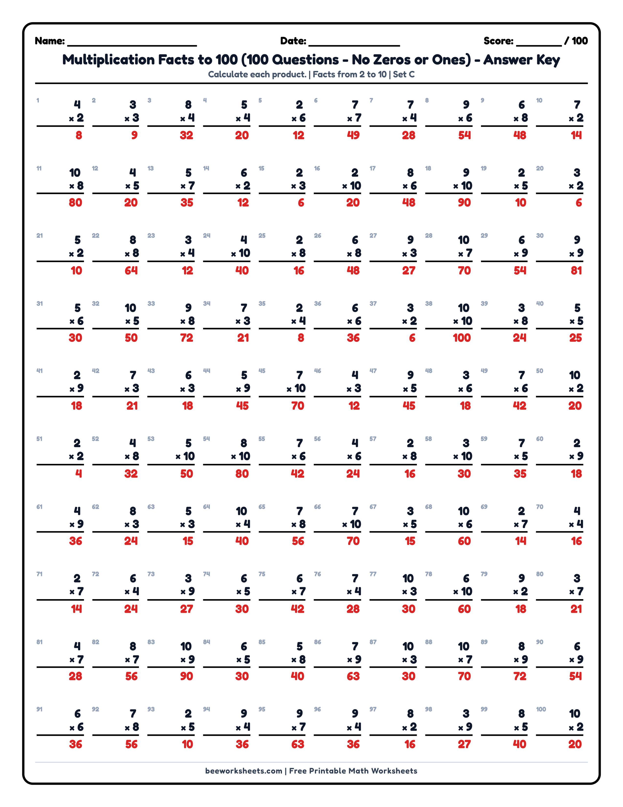 Teacher answer key and solutions preview for Multiplication Facts to 100 (Set C) Math Worksheet printable PDF