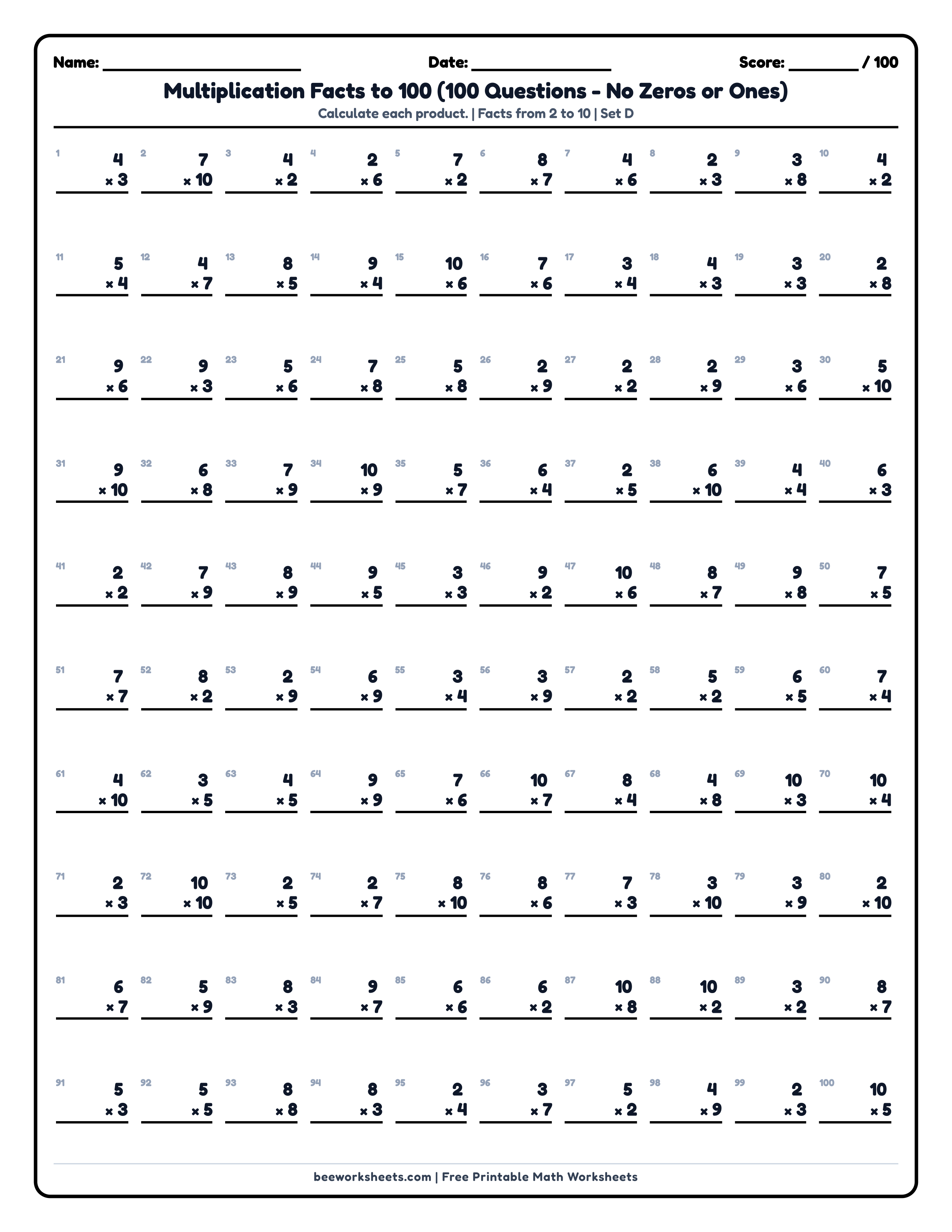 Multiplication Facts to 100 (Set D) Math Worksheet Preview
