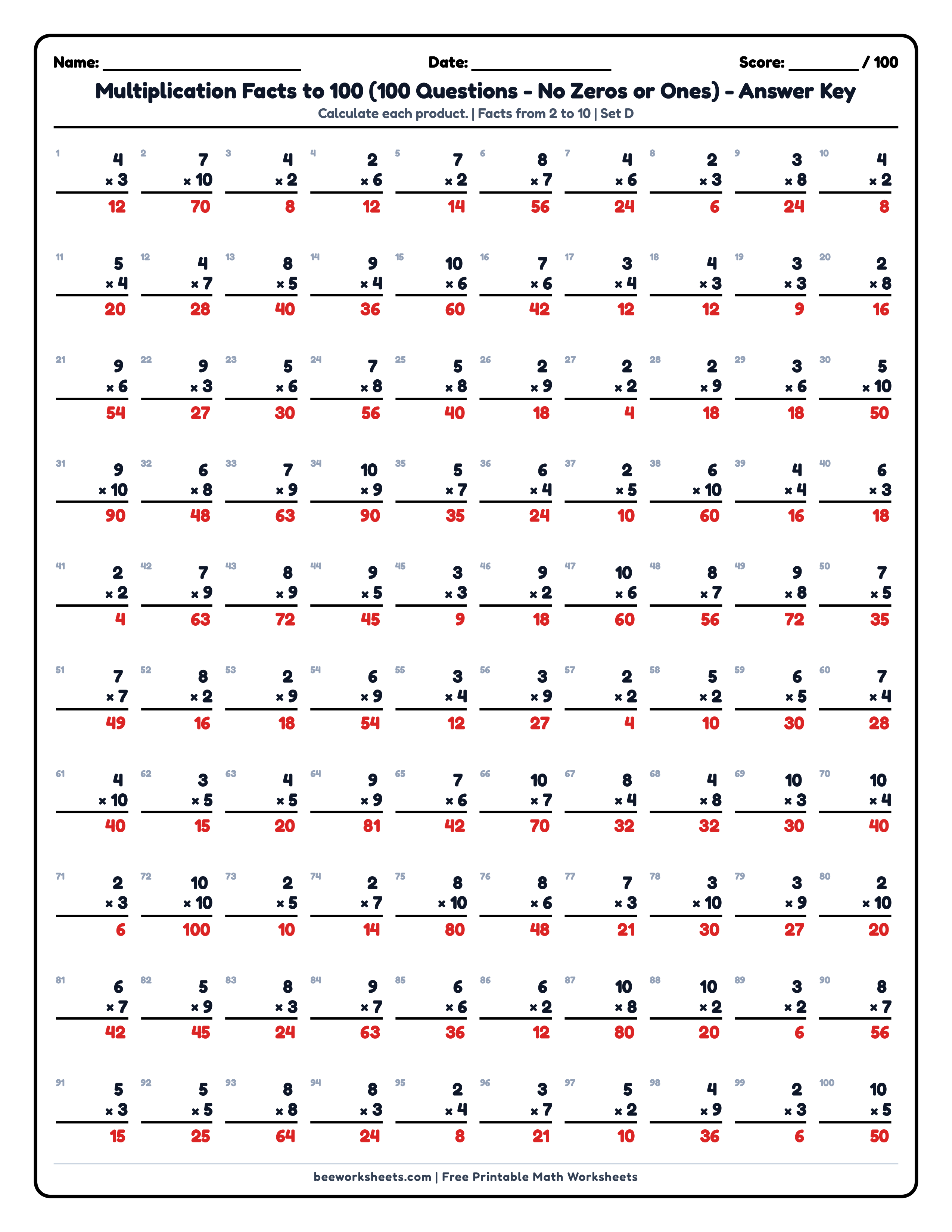 Teacher answer key and solutions preview for Multiplication Facts to 100 (Set D) Math Worksheet printable PDF