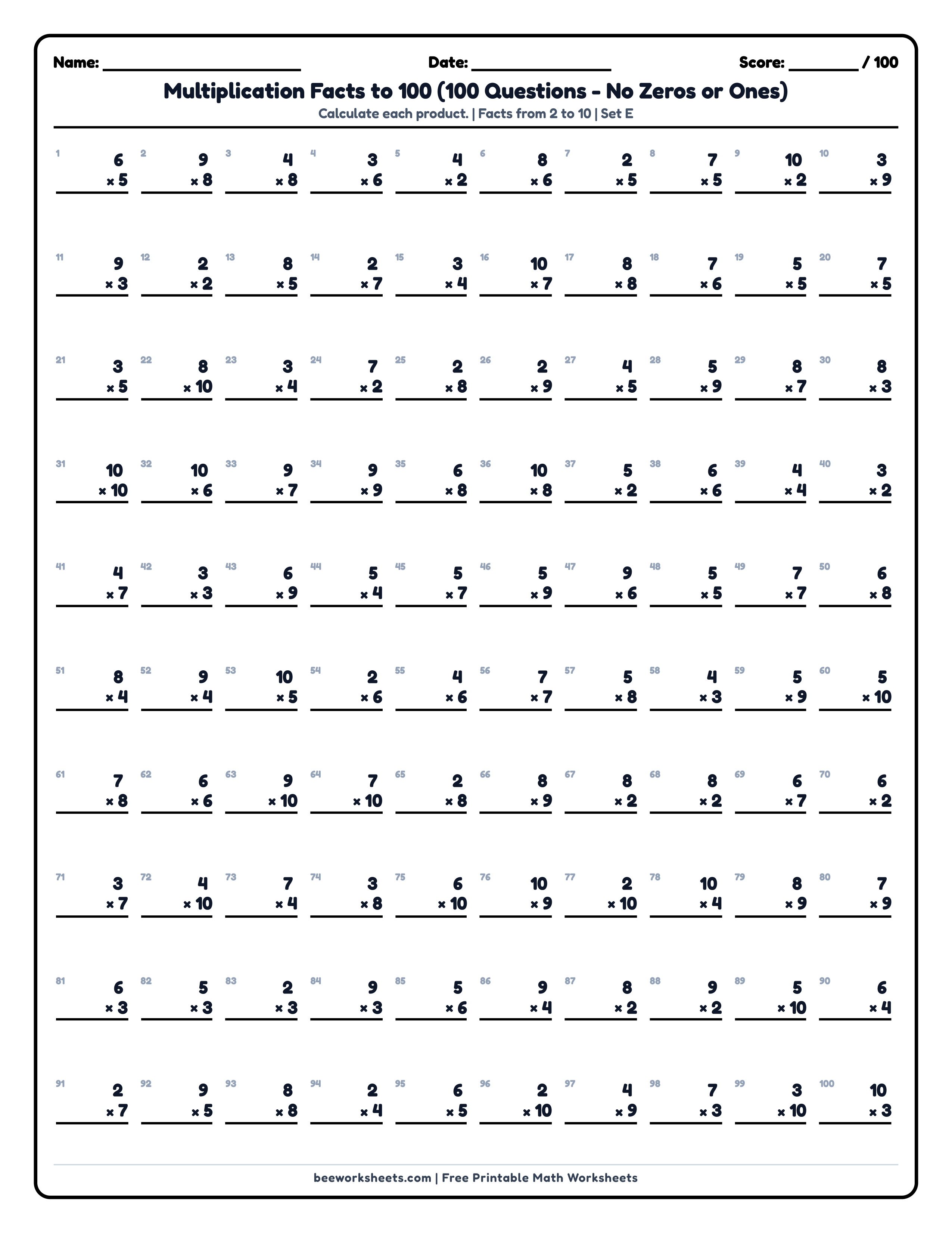 Multiplication Facts to 100 (Set E) Math Worksheet Preview
