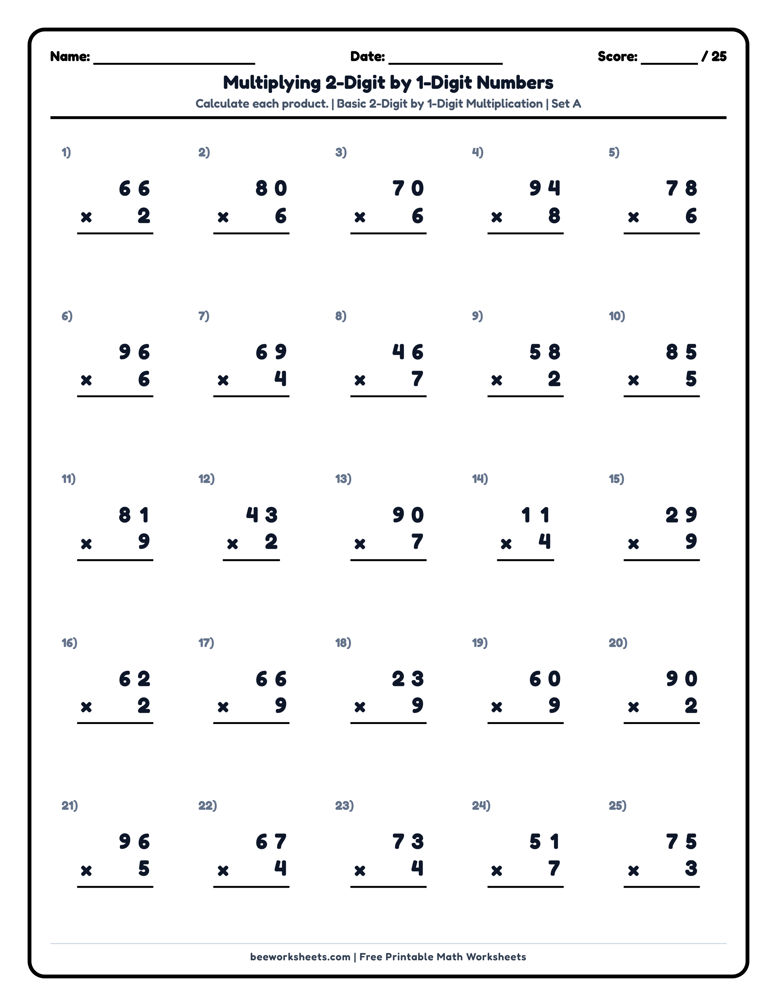Multiply 2-Digit by 1-Digit Numbers (Set A) Math Worksheet Preview