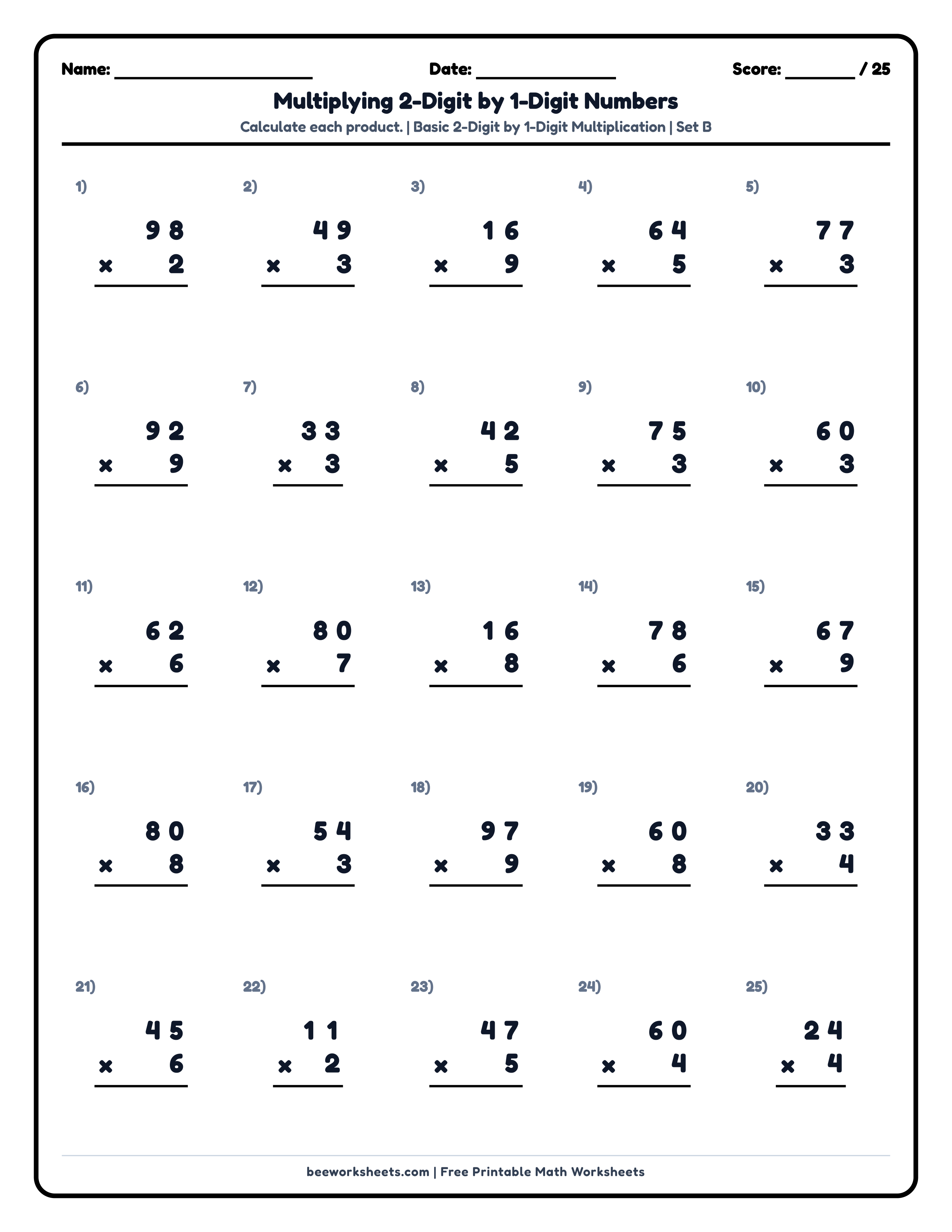 Multiply 2-Digit by 1-Digit Numbers (Set B) Math Worksheet Preview