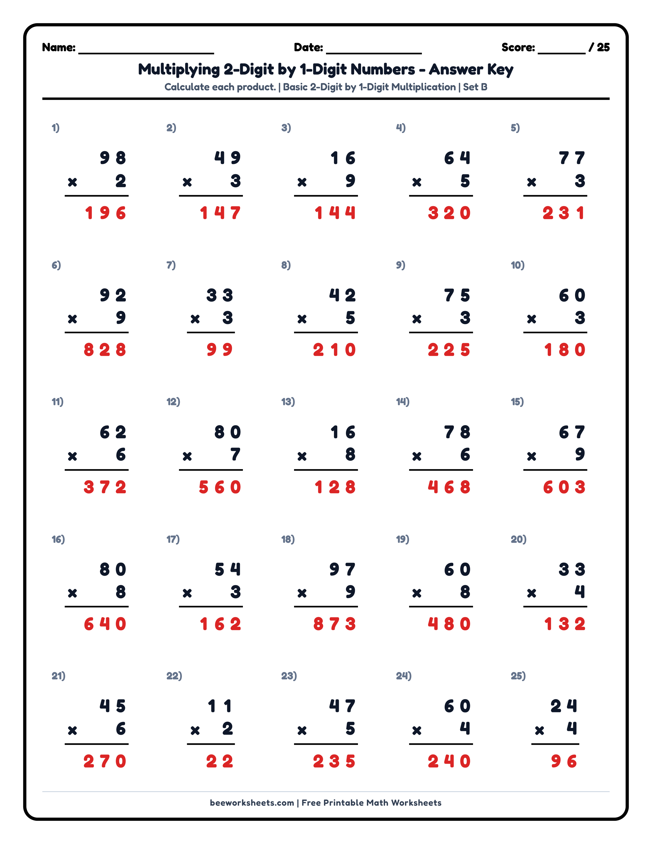 Teacher answer key and solutions preview for Multiply 2-Digit by 1-Digit Numbers (Set B) Math Worksheet printable PDF