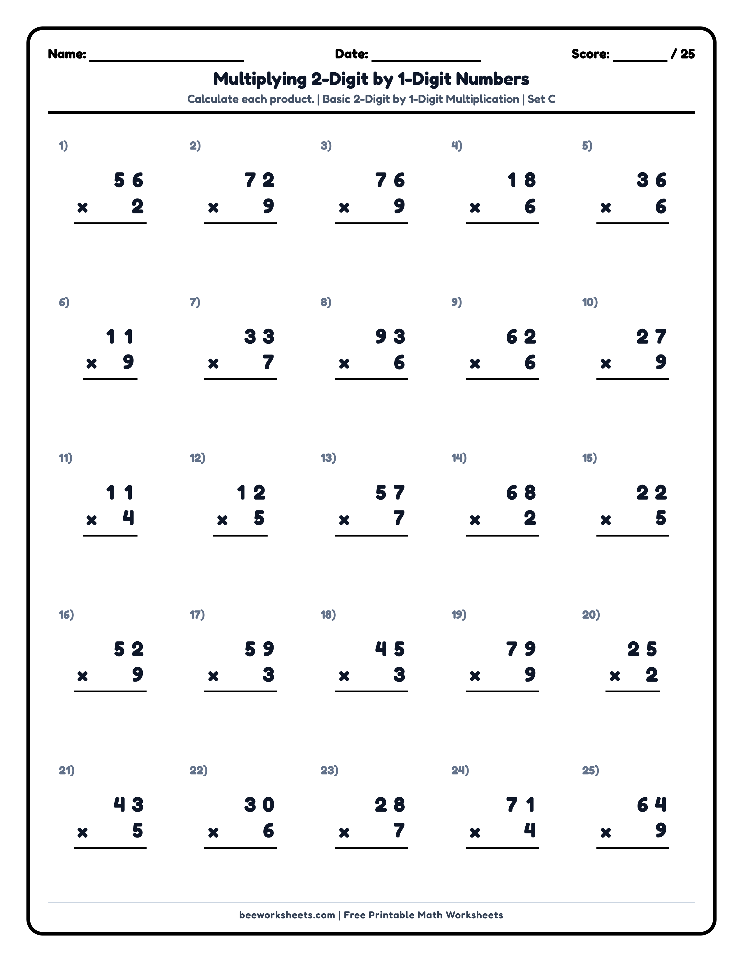 Multiply 2-Digit by 1-Digit Numbers (Set C) Math Worksheet Preview