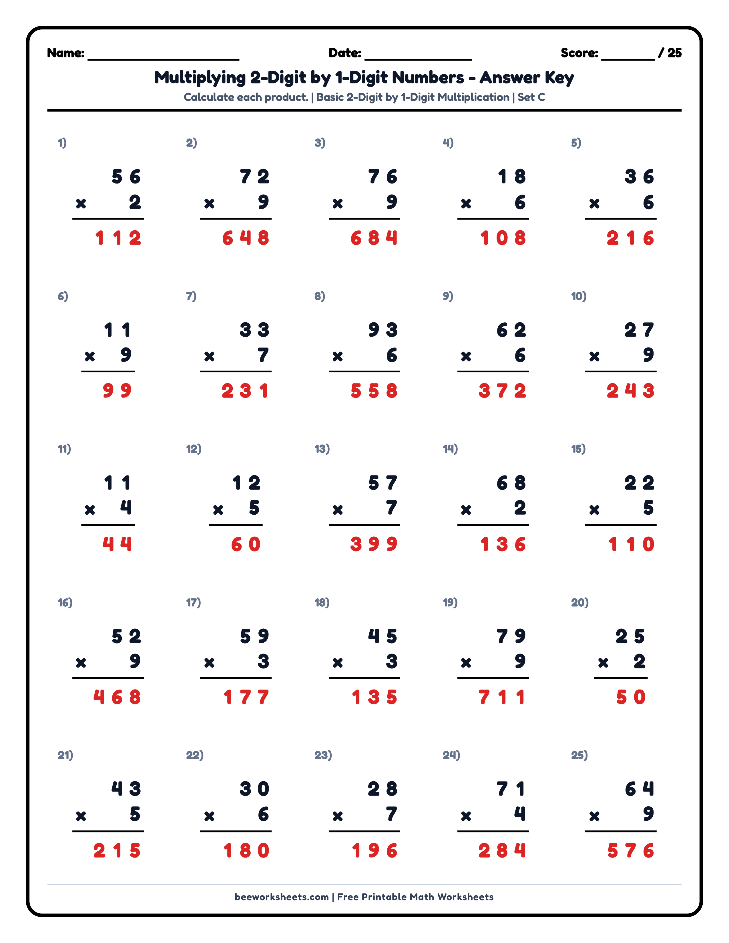 Teacher answer key and solutions preview for Multiply 2-Digit by 1-Digit Numbers (Set C) Math Worksheet printable PDF