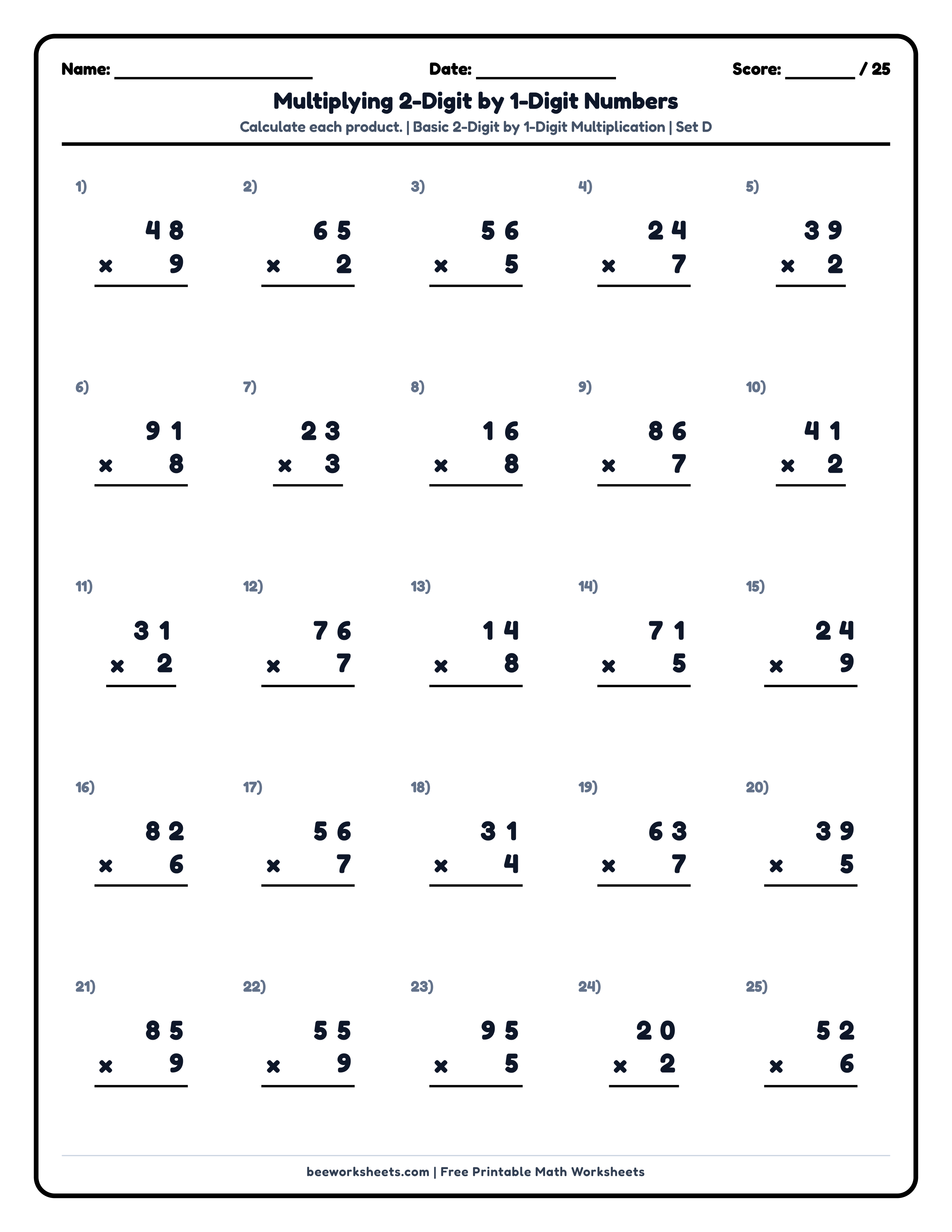 Multiply 2-Digit by 1-Digit Numbers (Set D) Math Worksheet Preview