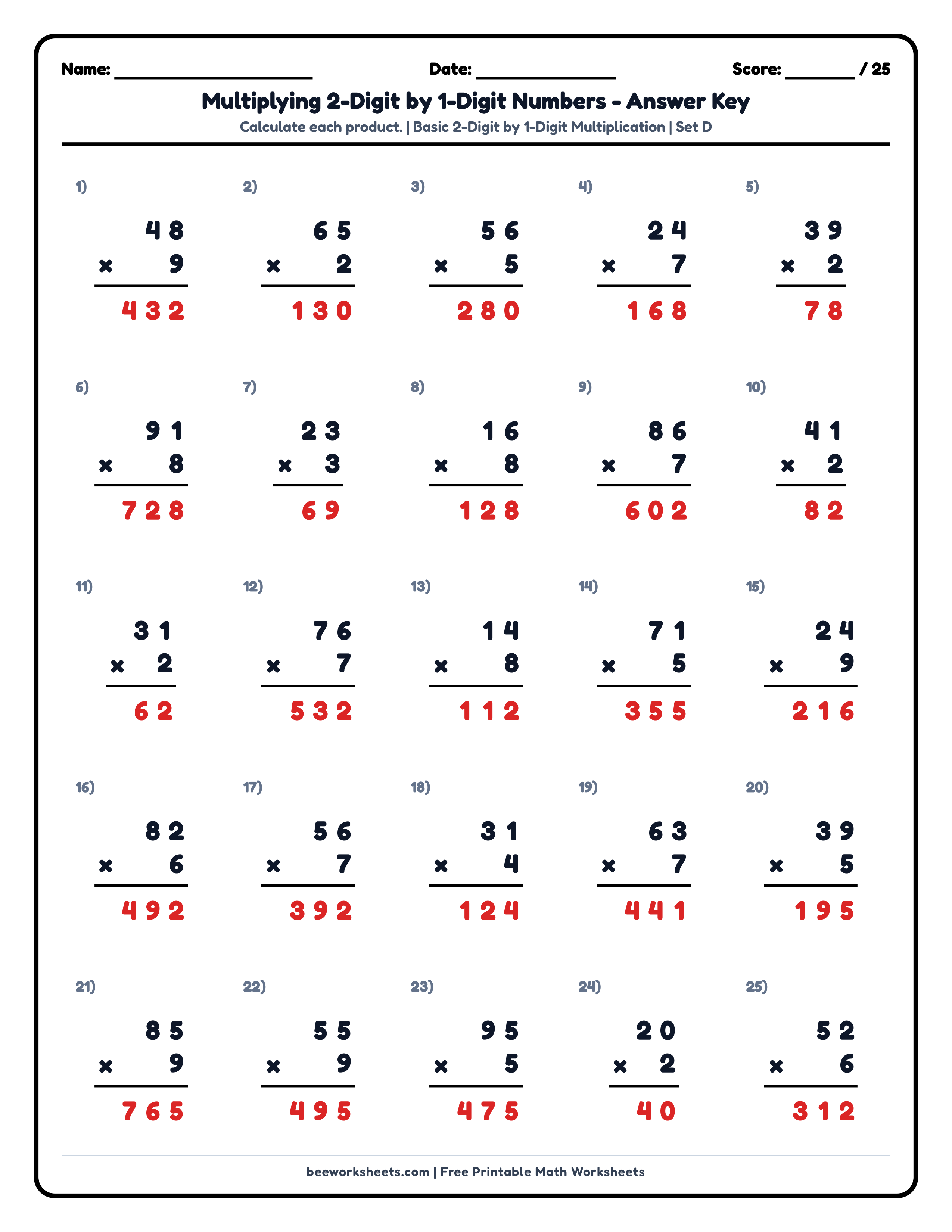 Teacher answer key and solutions preview for Multiply 2-Digit by 1-Digit Numbers (Set D) Math Worksheet printable PDF