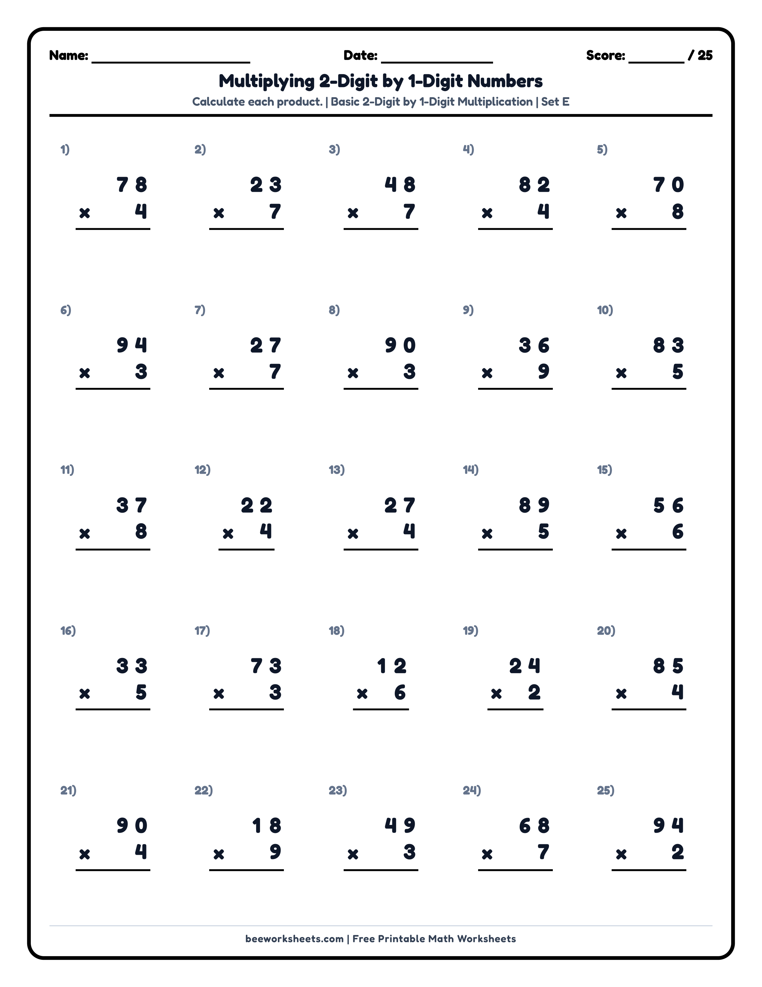 Multiply 2-Digit by 1-Digit Numbers (Set E) Math Worksheet Preview