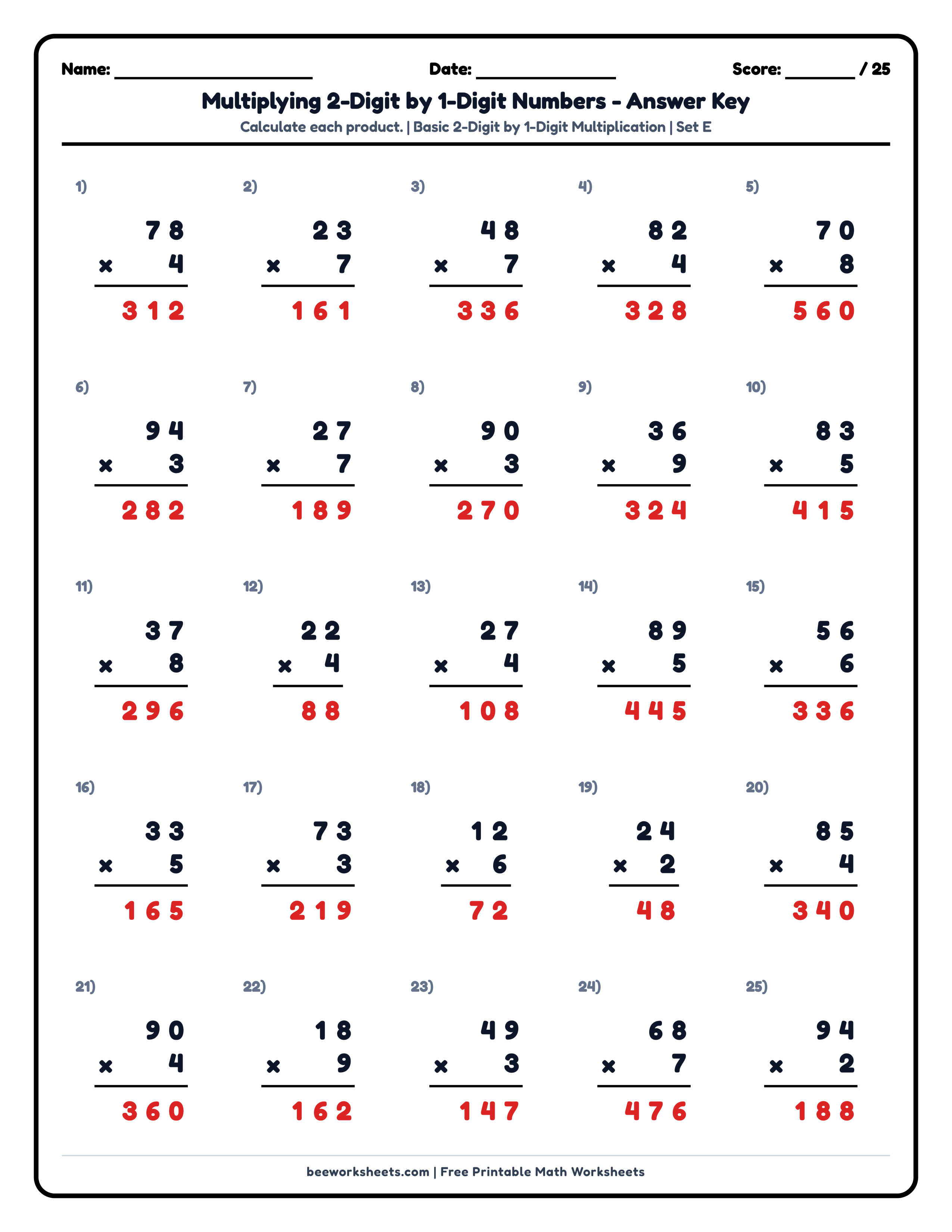 Teacher answer key and solutions preview for Multiply 2-Digit by 1-Digit Numbers (Set E) Math Worksheet printable PDF