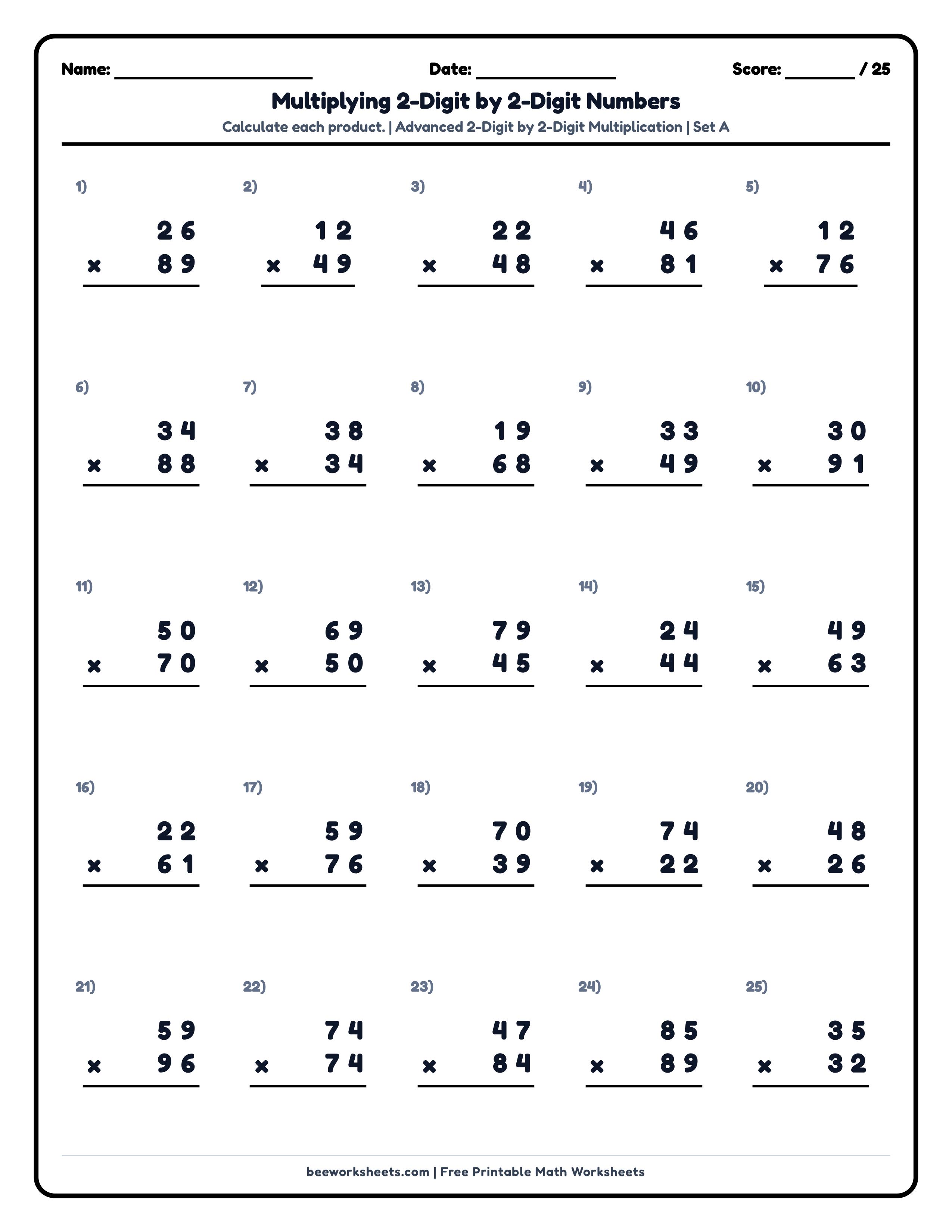 Multiply 2-Digit by 2-Digit Numbers (Set A) Math Worksheet Preview