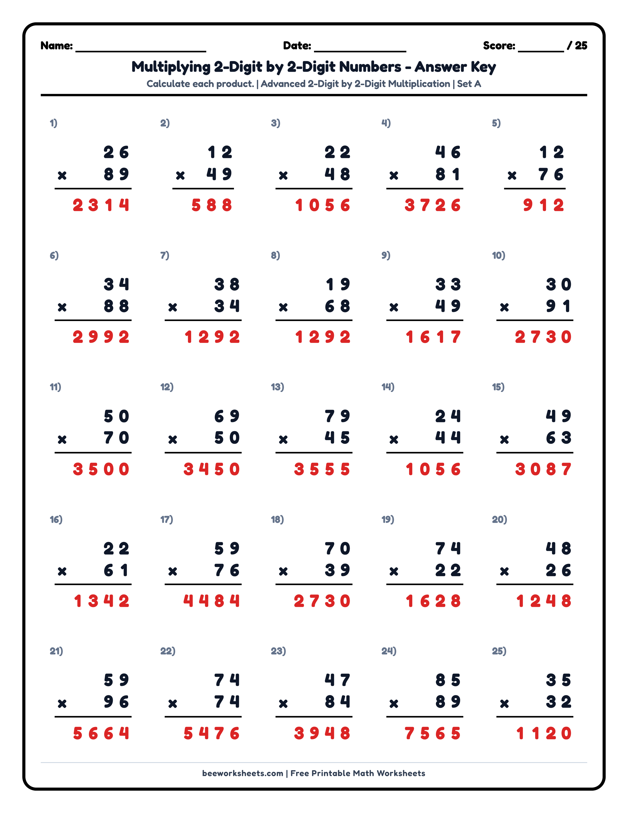 Teacher answer key and solutions preview for Multiply 2-Digit by 2-Digit Numbers (Set A) Math Worksheet printable PDF