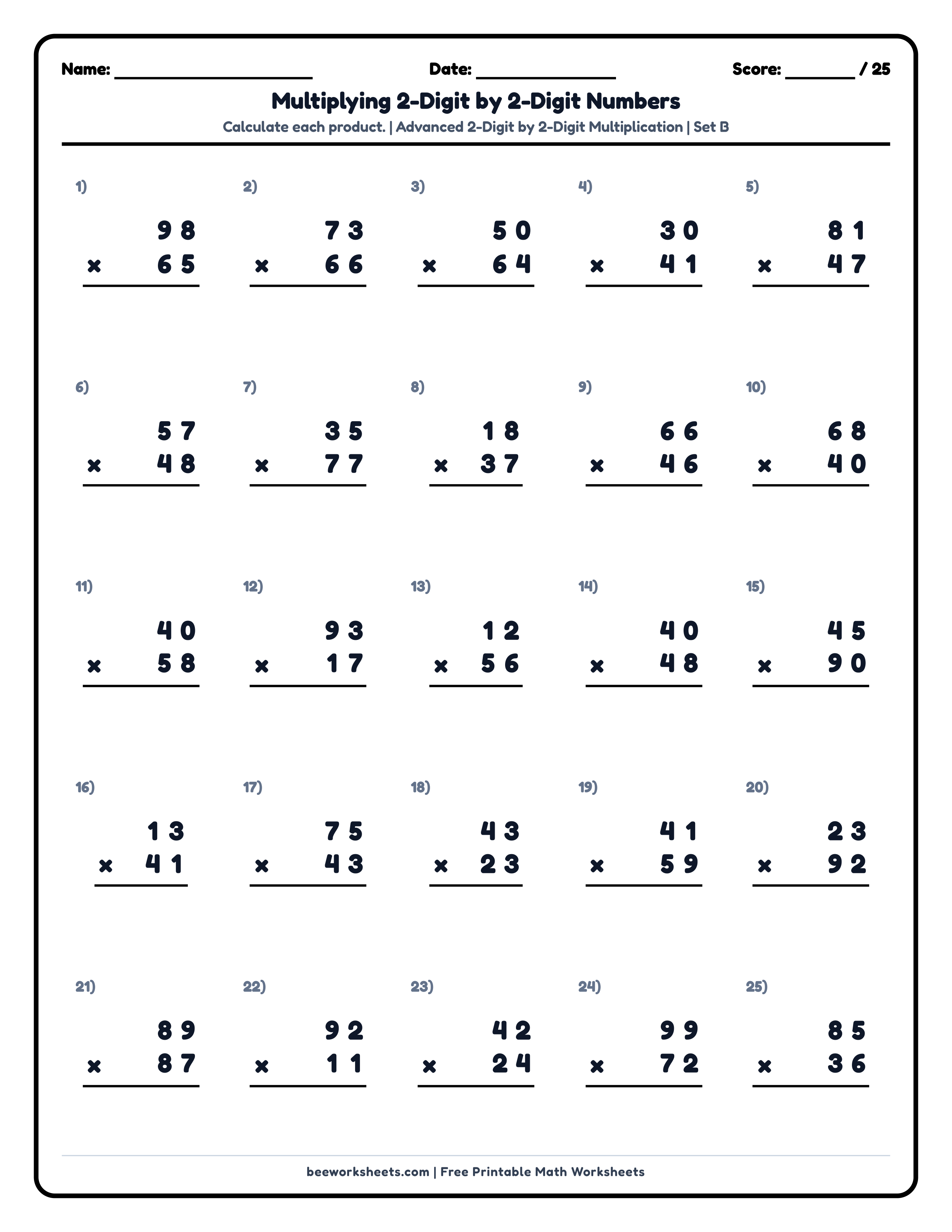Multiply 2-Digit by 2-Digit Numbers (Set B) Math Worksheet Preview