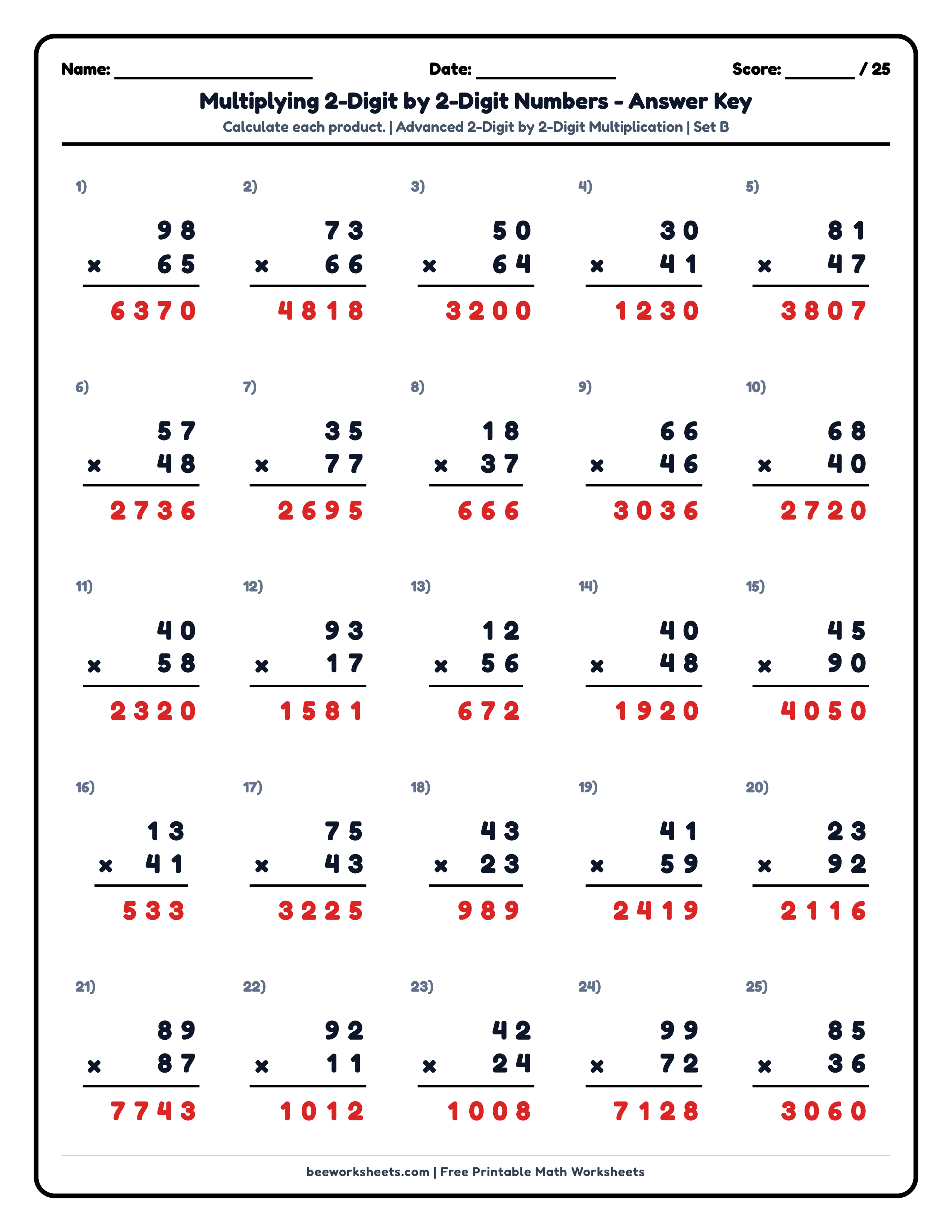 Teacher answer key and solutions preview for Multiply 2-Digit by 2-Digit Numbers (Set B) Math Worksheet printable PDF