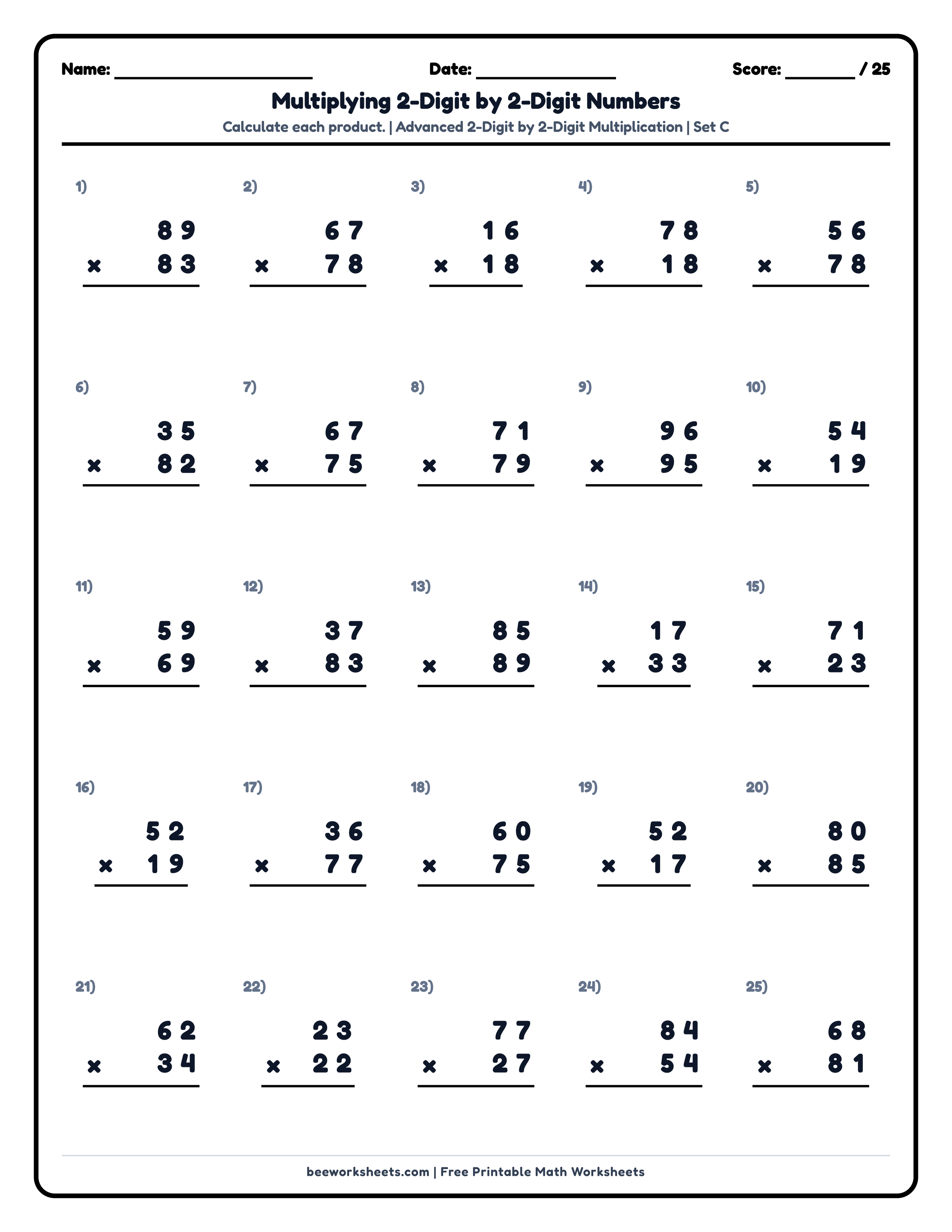 Multiply 2-Digit by 2-Digit Numbers (Set C) Math Worksheet Preview