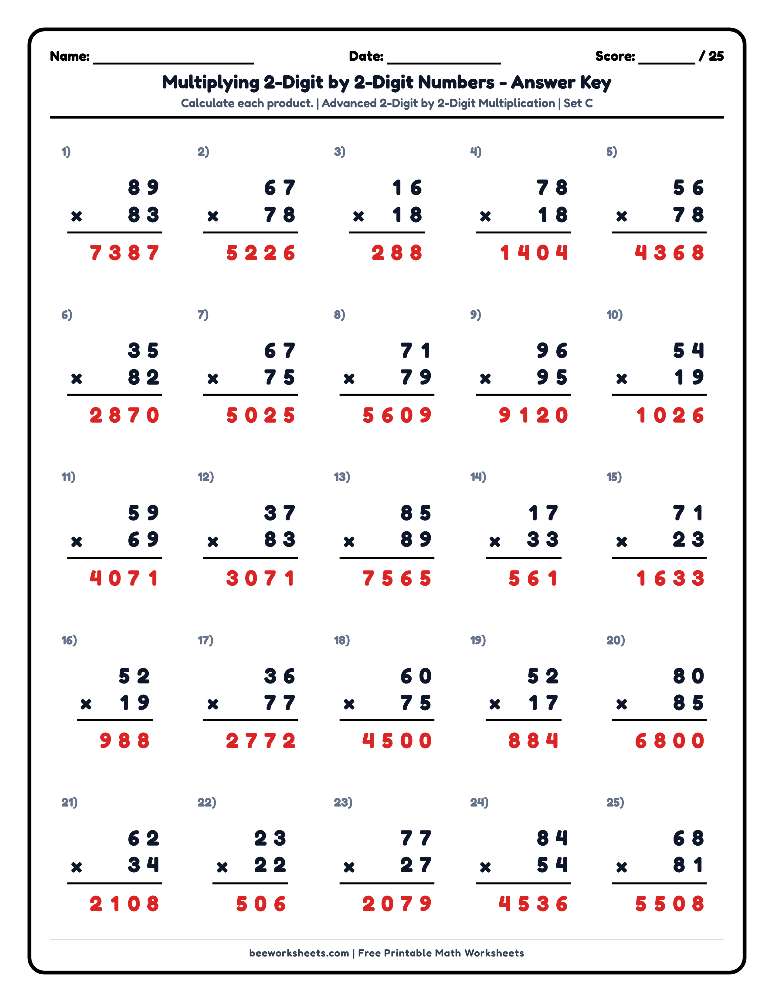 Teacher answer key and solutions preview for Multiply 2-Digit by 2-Digit Numbers (Set C) Math Worksheet printable PDF