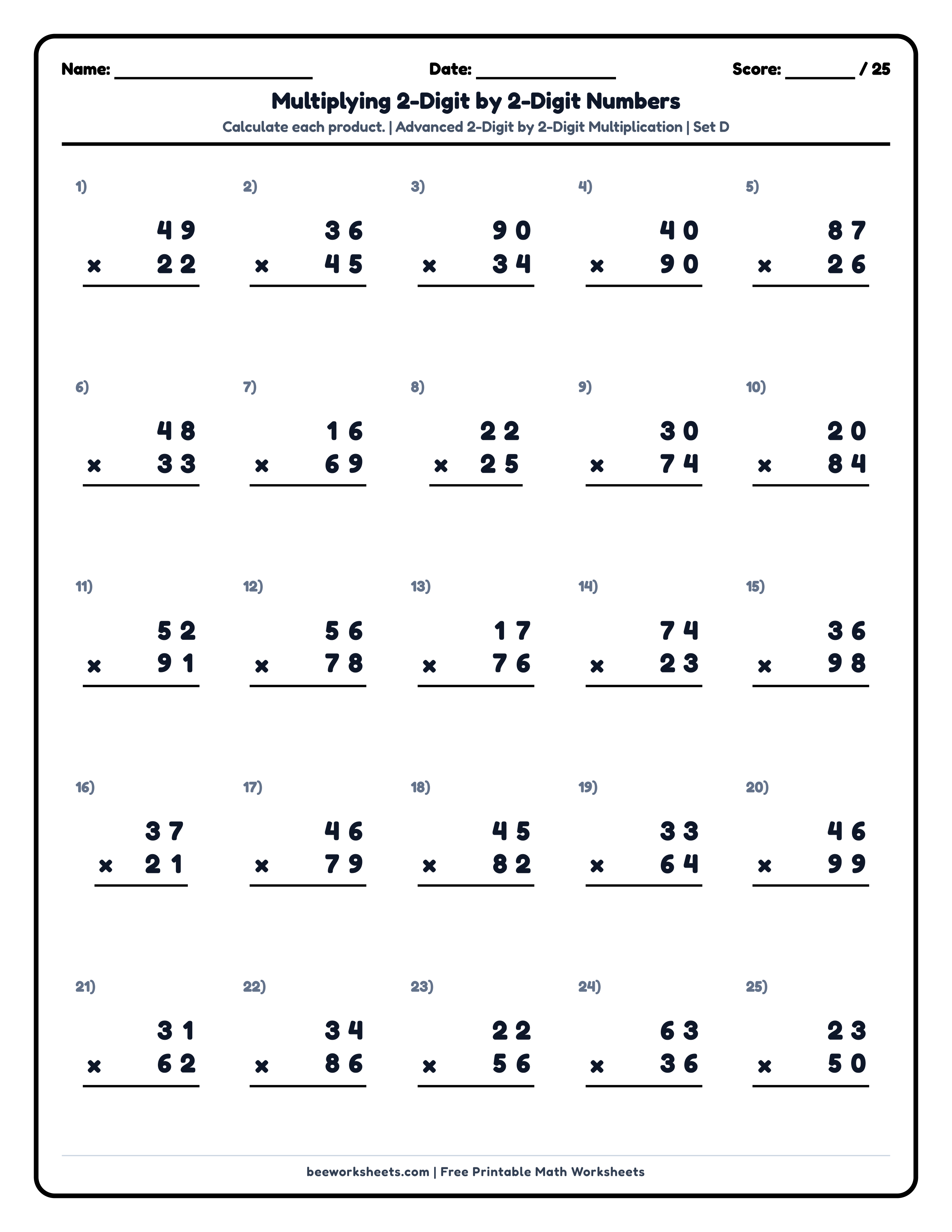 Multiply 2-Digit by 2-Digit Numbers (Set D) Math Worksheet Preview