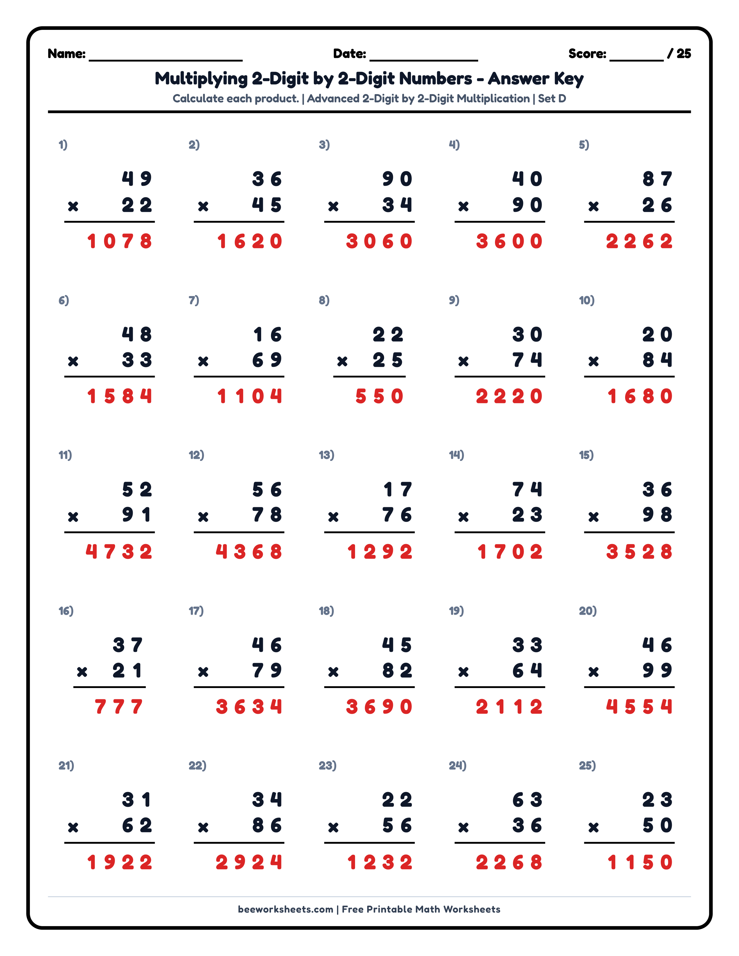 Teacher answer key and solutions preview for Multiply 2-Digit by 2-Digit Numbers (Set D) Math Worksheet printable PDF