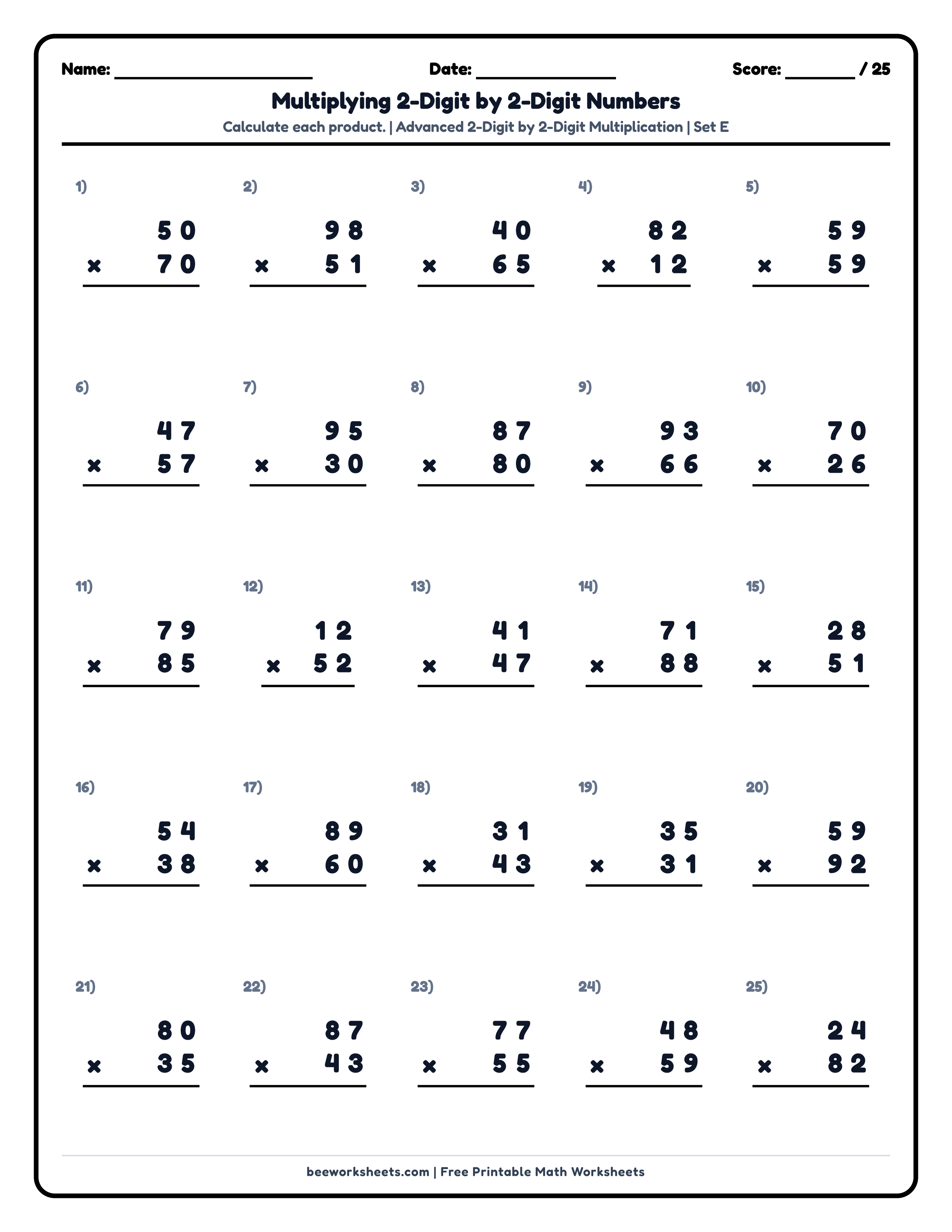 Multiply 2-Digit by 2-Digit Numbers (Set E) Math Worksheet Preview