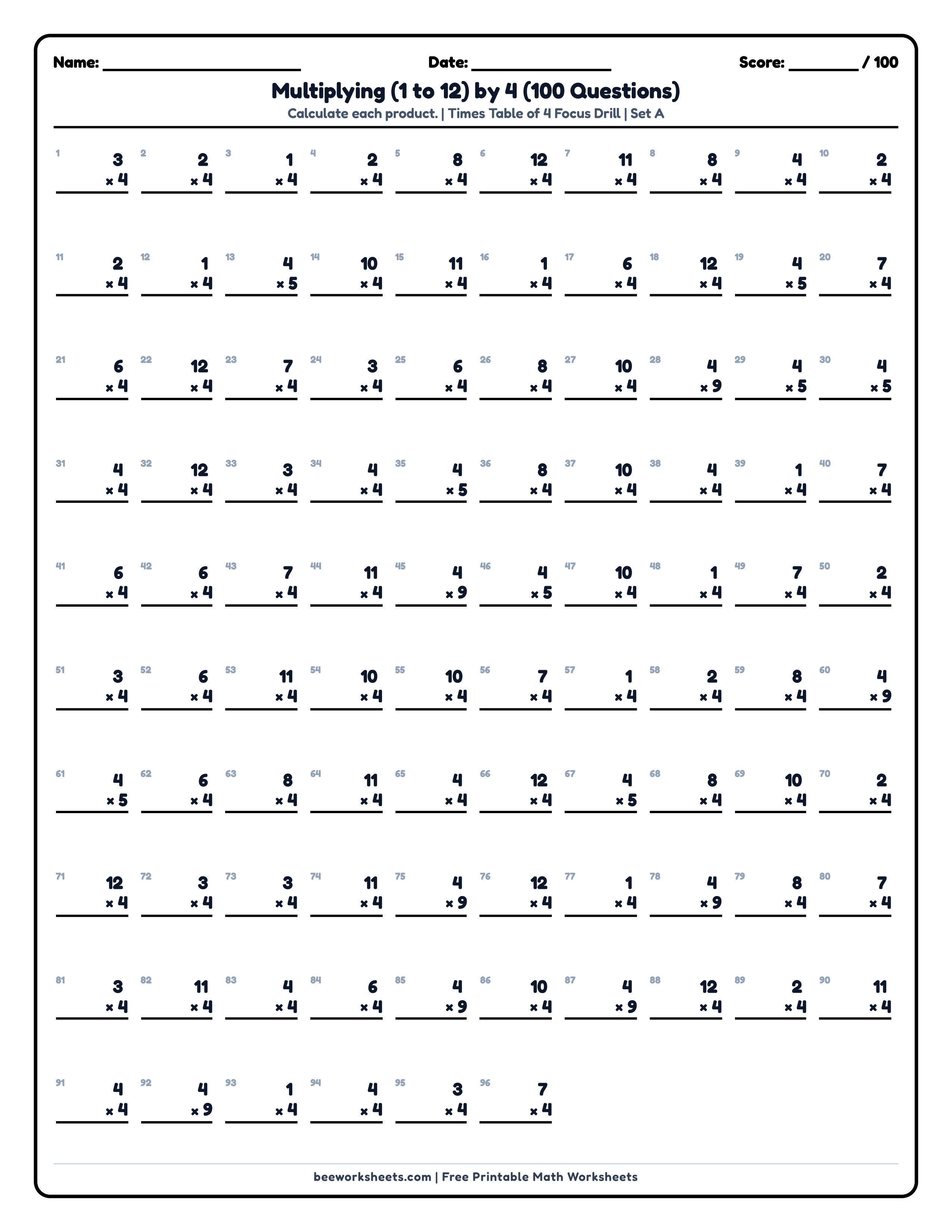 Multiply by 4 Times Table (Set A) Math Worksheet Preview