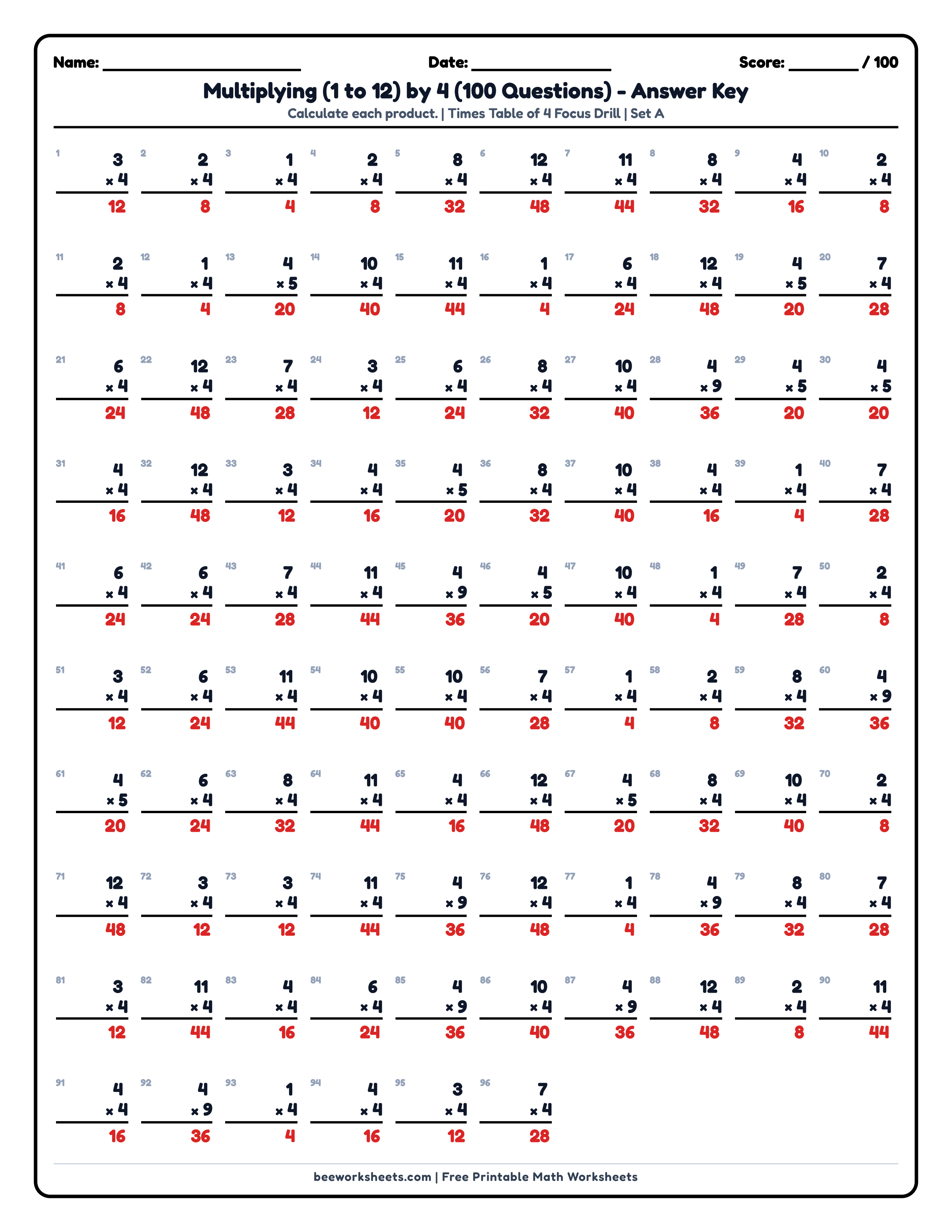 Teacher answer key and solutions preview for Multiply by 4 Times Table (Set A) Math Worksheet printable PDF