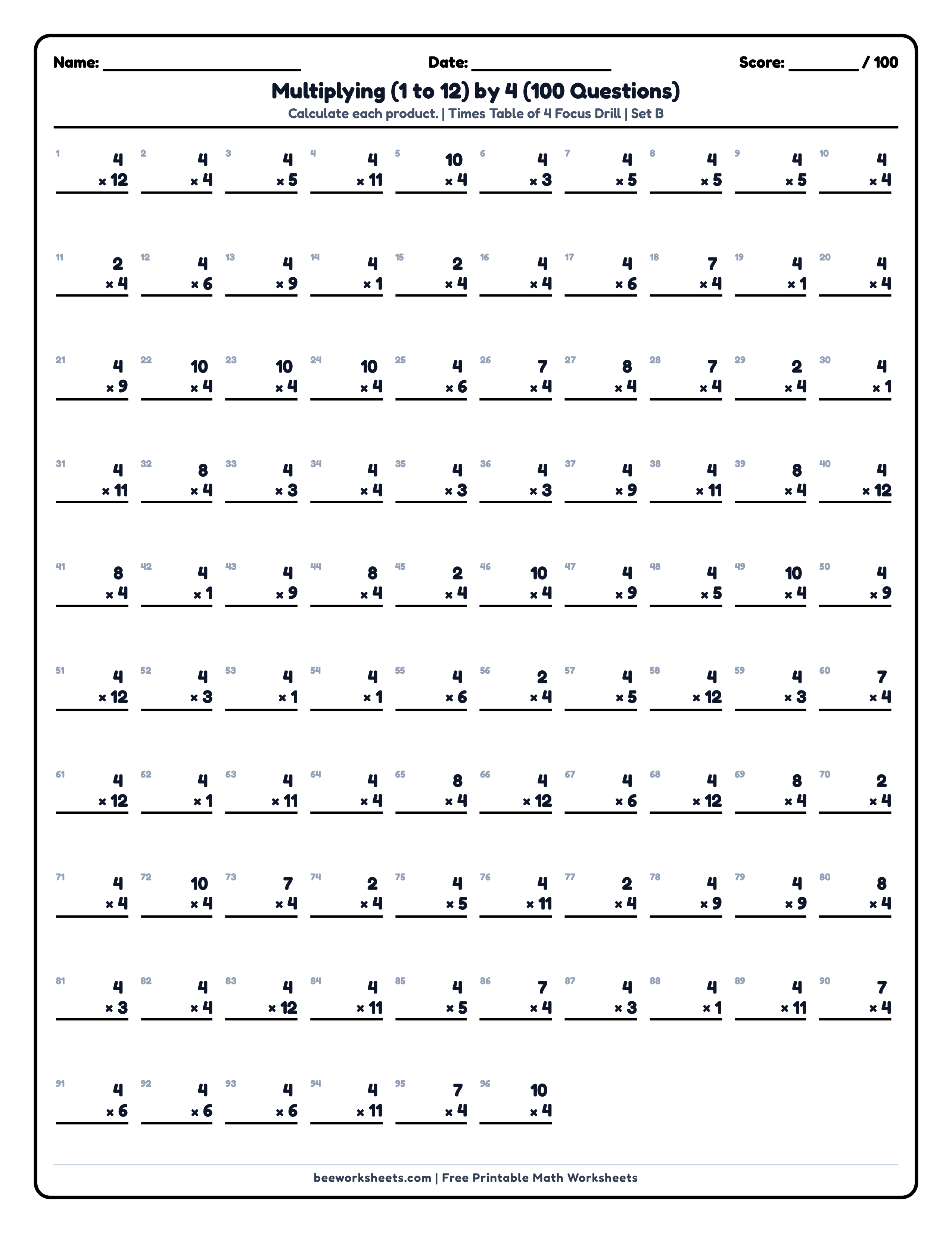 Multiply by 4 Times Table (Set B) Math Worksheet Preview