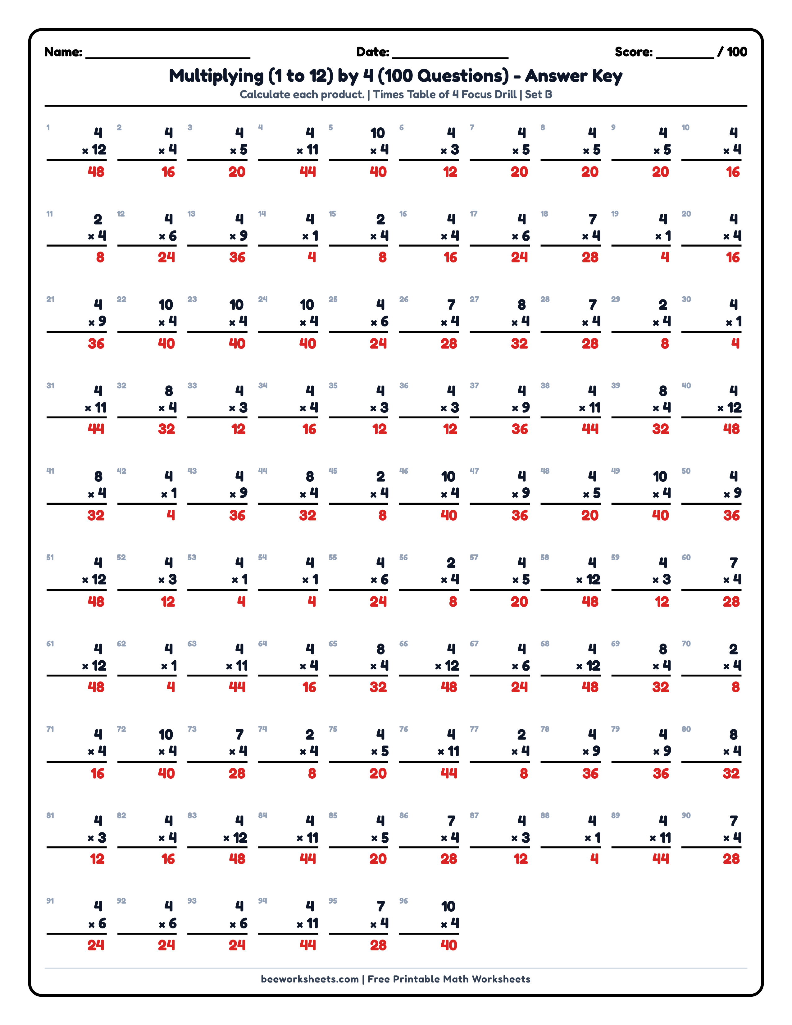 Teacher answer key and solutions preview for Multiply by 4 Times Table (Set B) Math Worksheet printable PDF