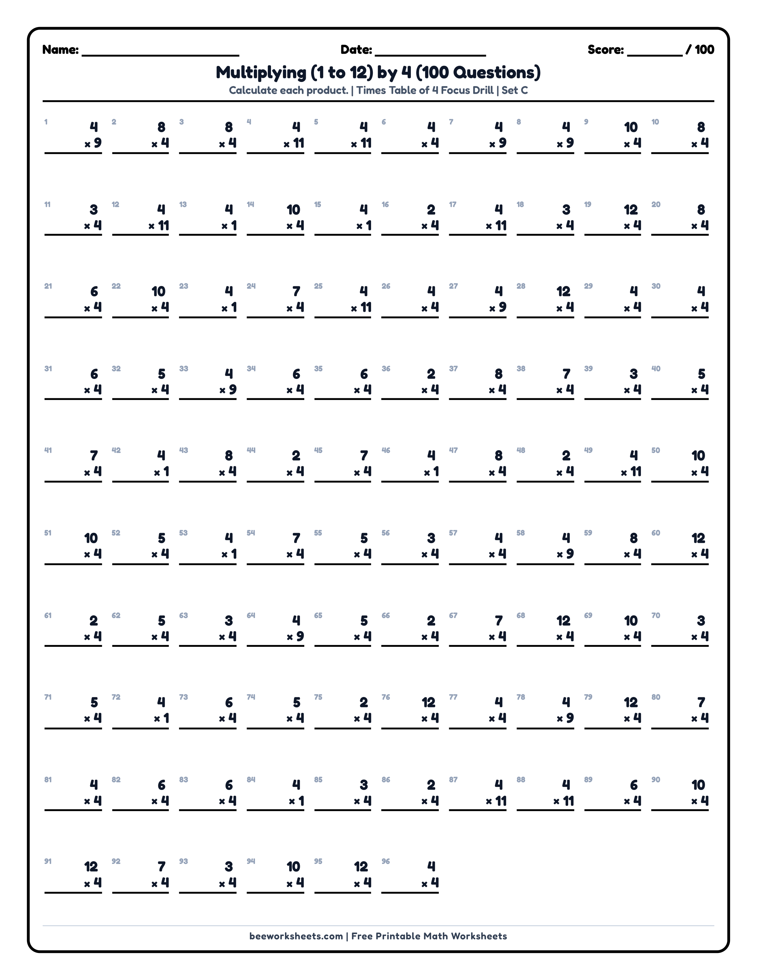 Multiply by 4 Times Table (Set C) Math Worksheet Preview