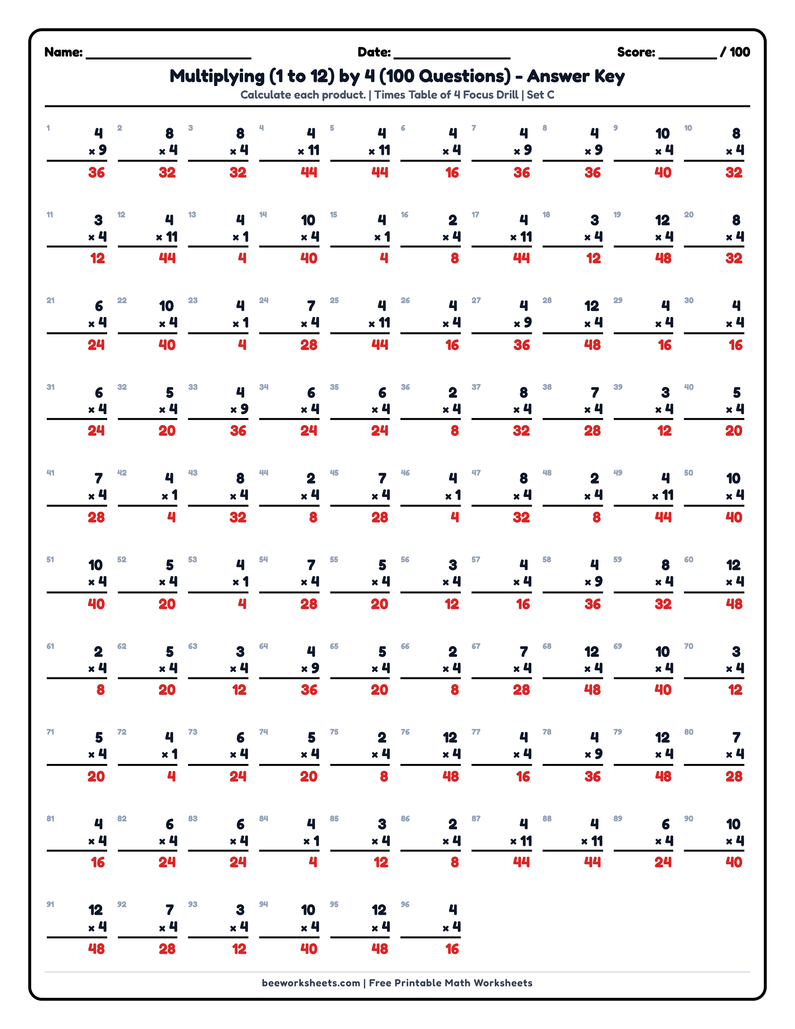 Teacher answer key and solutions preview for Multiply by 4 Times Table (Set C) Math Worksheet printable PDF