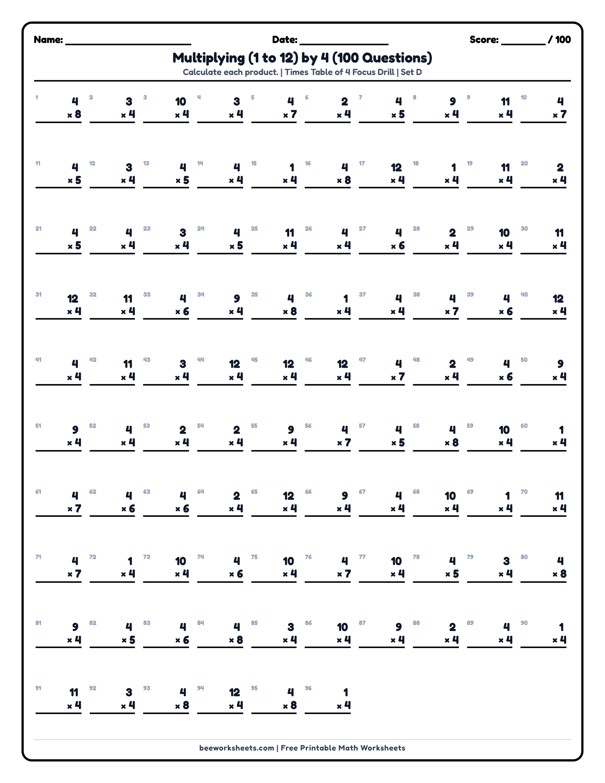 Multiply by 4 Times Table (Set D) Math Worksheet Preview