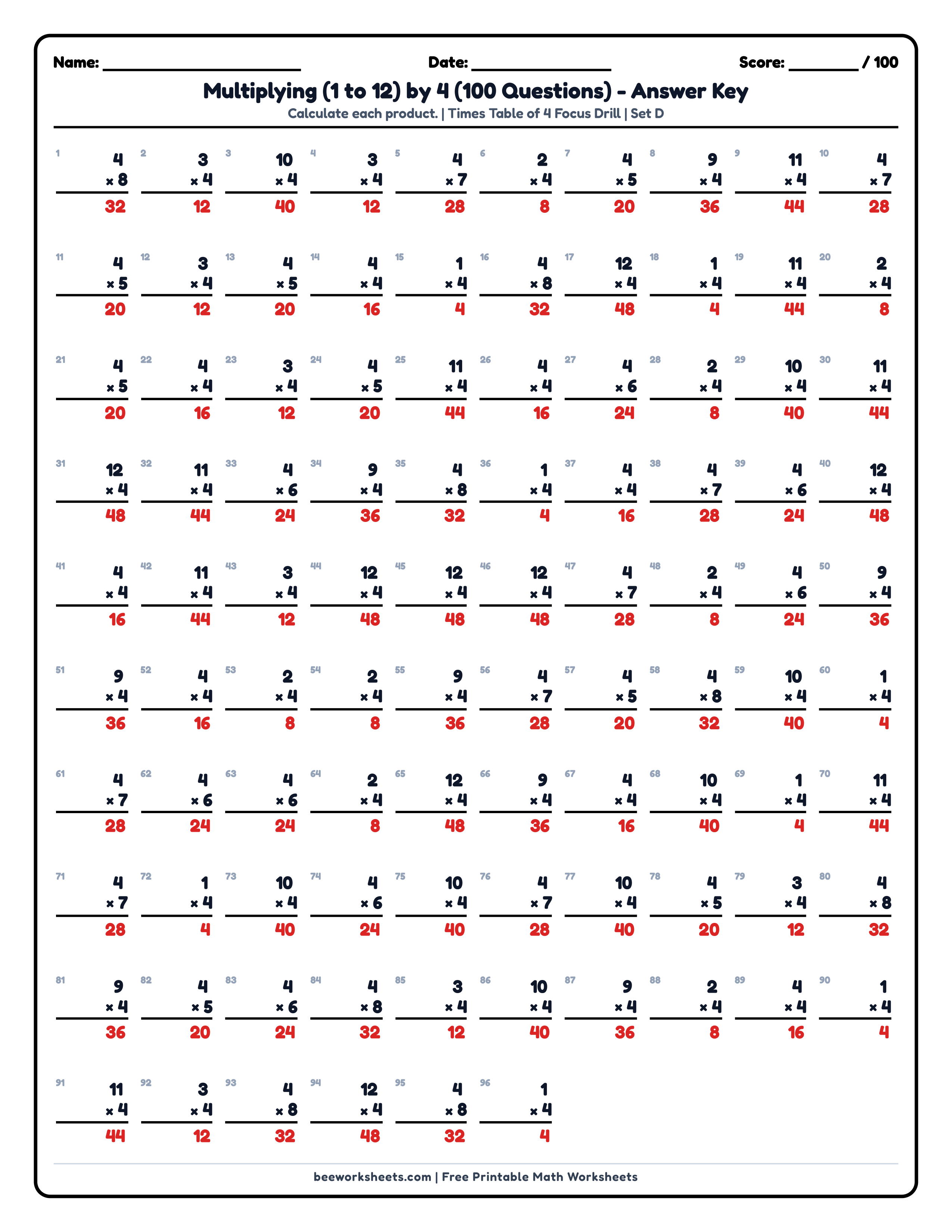 Teacher answer key and solutions preview for Multiply by 4 Times Table (Set D) Math Worksheet printable PDF